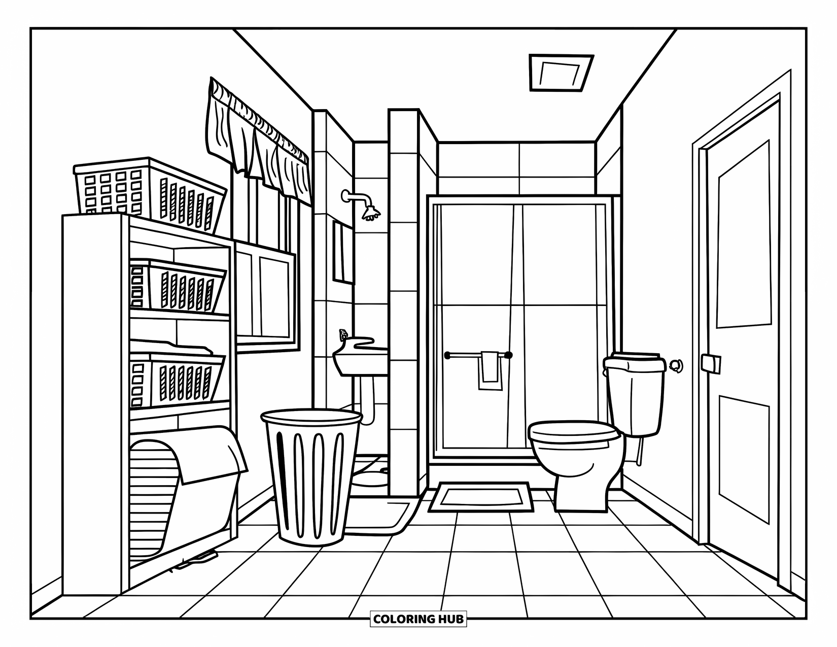 Bathroom Coloring Page for Kids: Bathroom with tiled floor, curtain, and organized layout of essentials