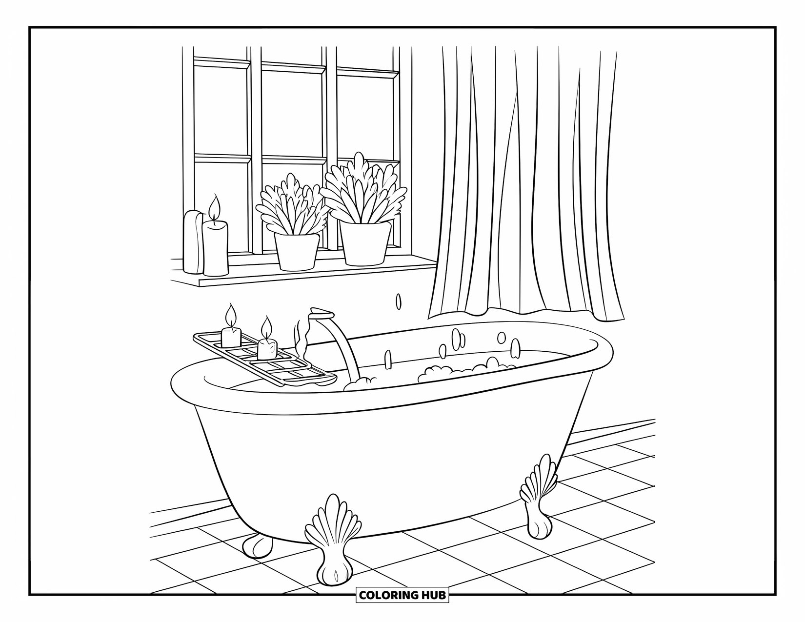 Bathroom Coloring Page for Kids: Bathtub scene with candles, tiles, and a cozy curtain