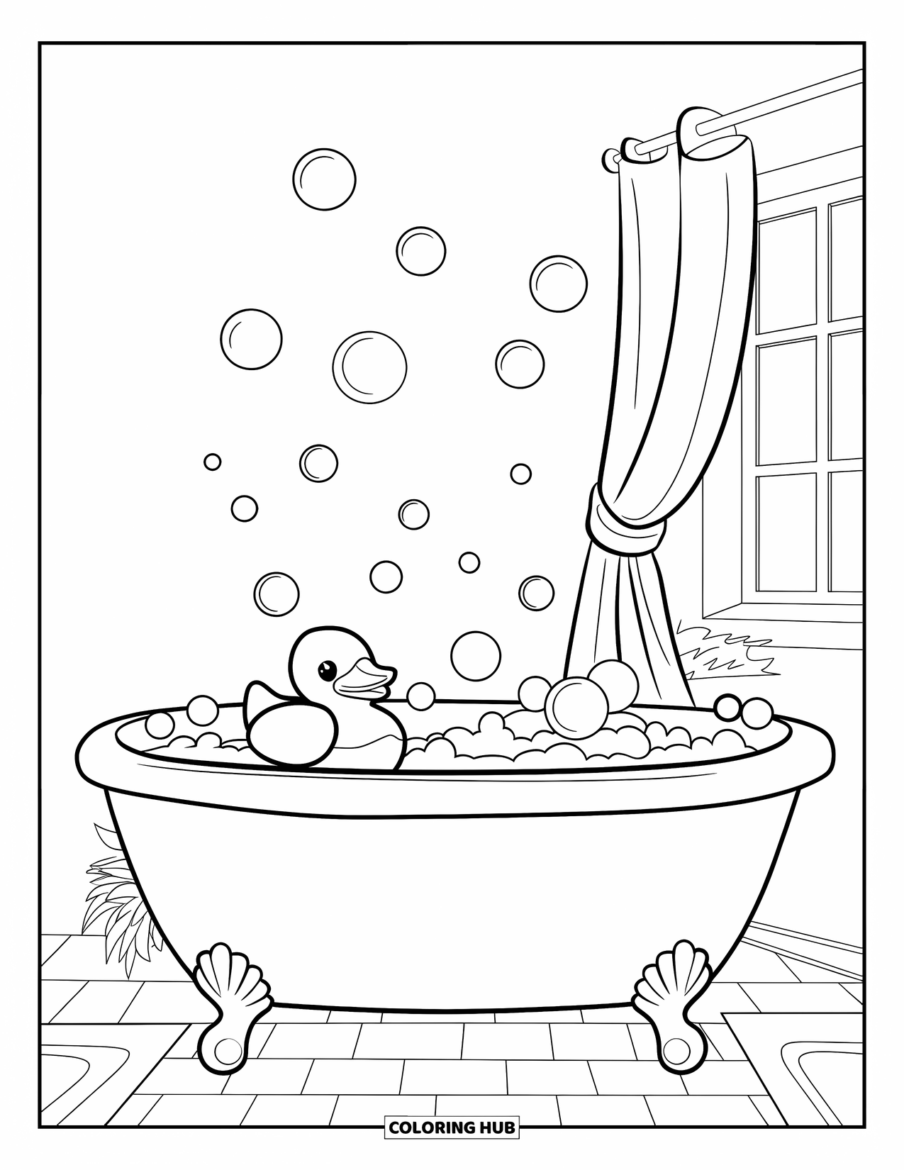 Bathroom Coloring Page for Kids: Bathtub with duck, bubbles, tile floor, and a small plant