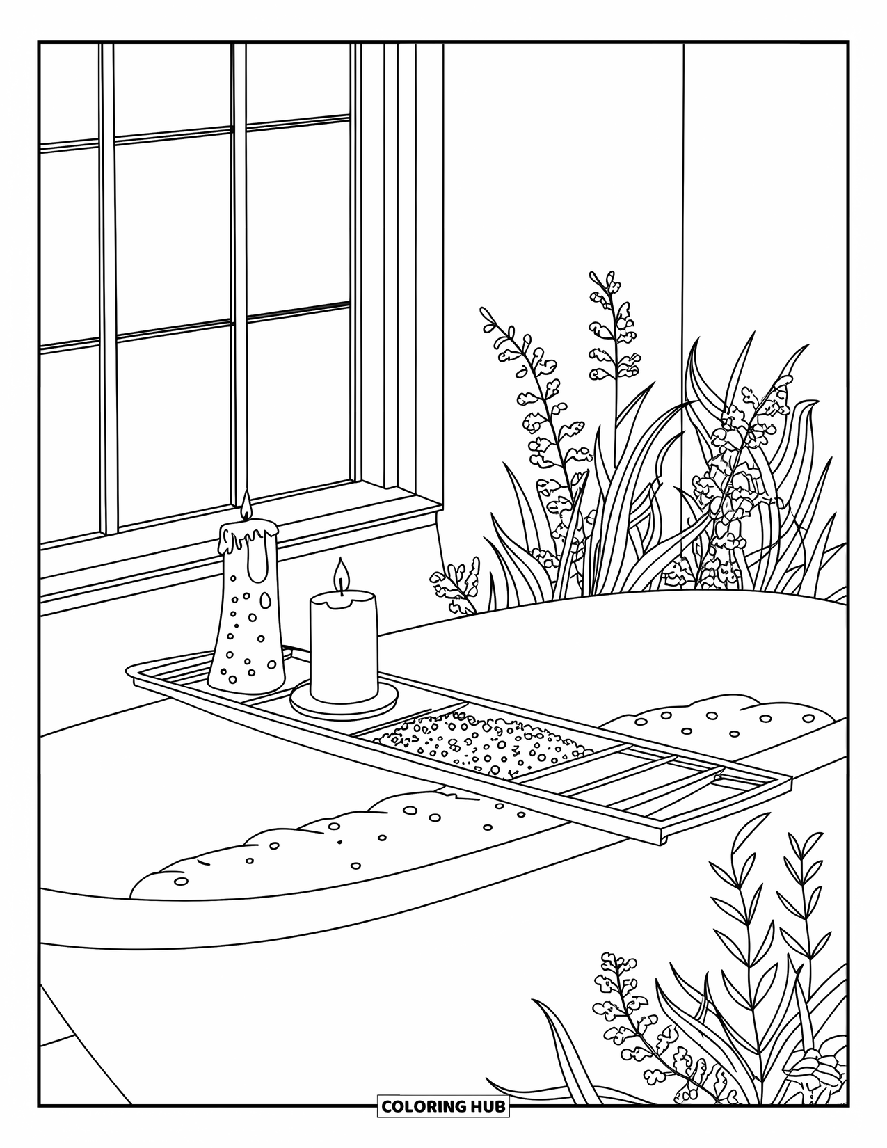 Bathroom Coloring Page for Kids: Bathtub with tray, candle, and soothing plant-filled surroundings