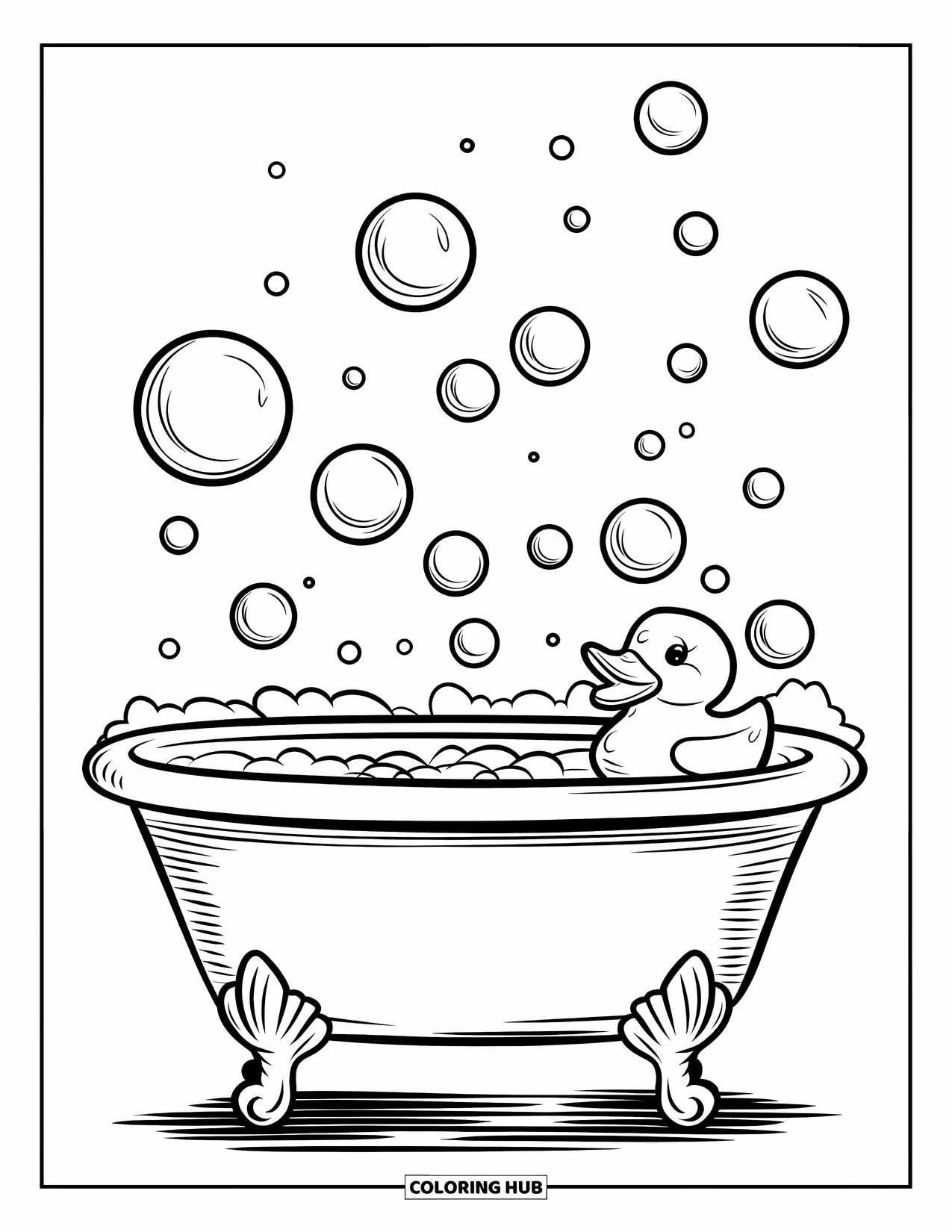 Bathroom Coloring Page for Kids: Big tub with rubber duck and floating bubbles above