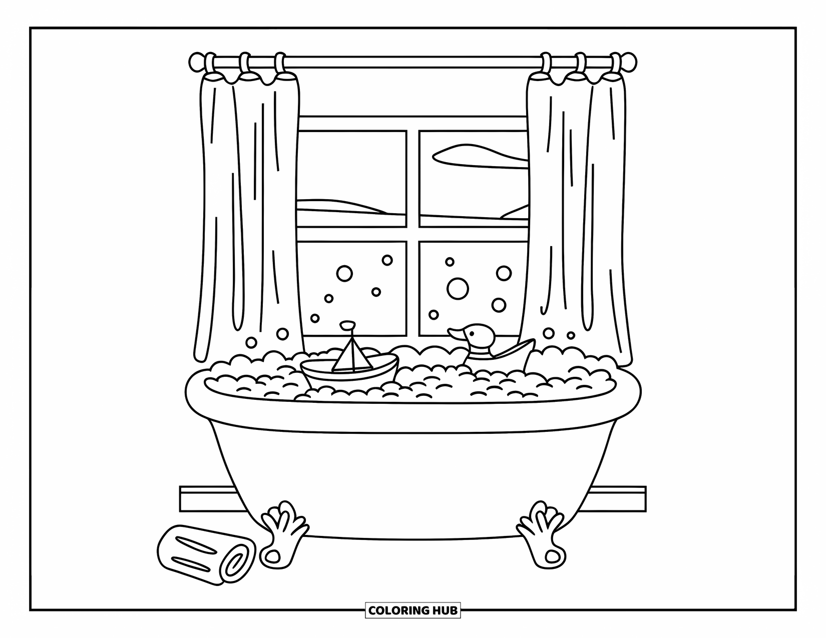 Bathroom Coloring Page for Kids: Bubbly tub with toys, curtain, and towel on the floor