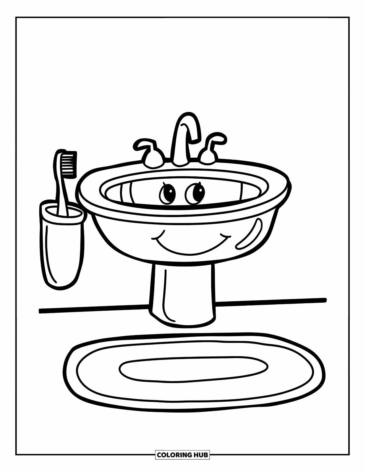 Bathroom Coloring Page for Kids: Happy sink with toothbrush cup and cozy bath mat