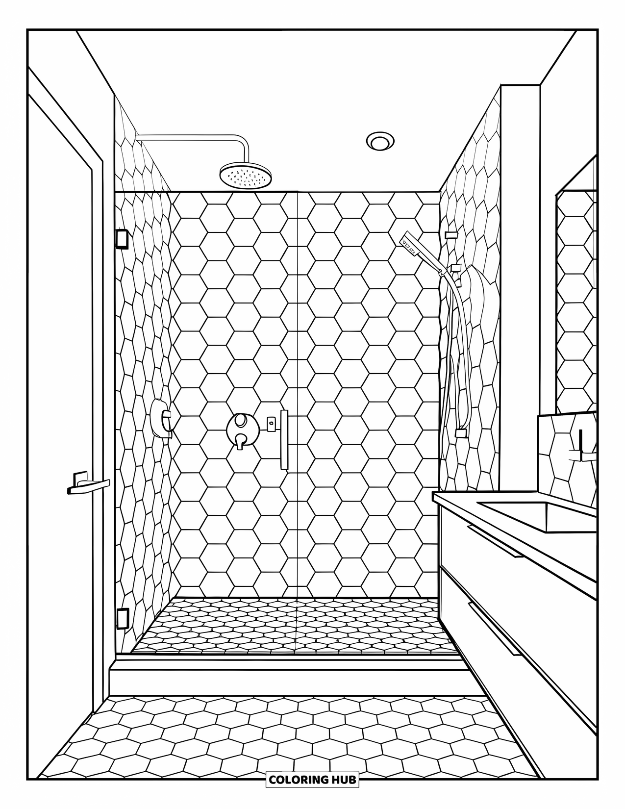 Bathroom Coloring Page for Kids: Modern bathroom with hex tiles, walk-in shower, and vanity