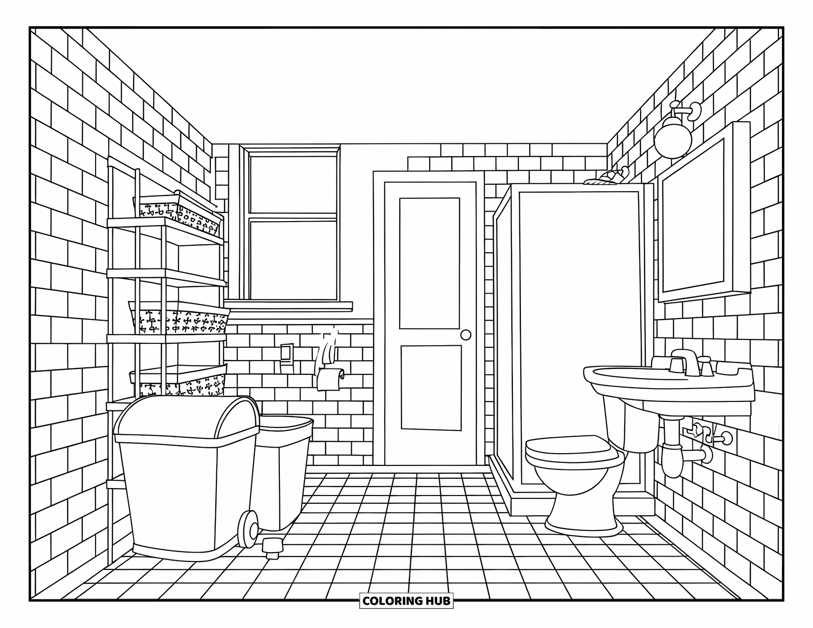 Bathroom Coloring Page for Kids: Modern bathroom with white bricks, shelf baskets, and tiled flooring