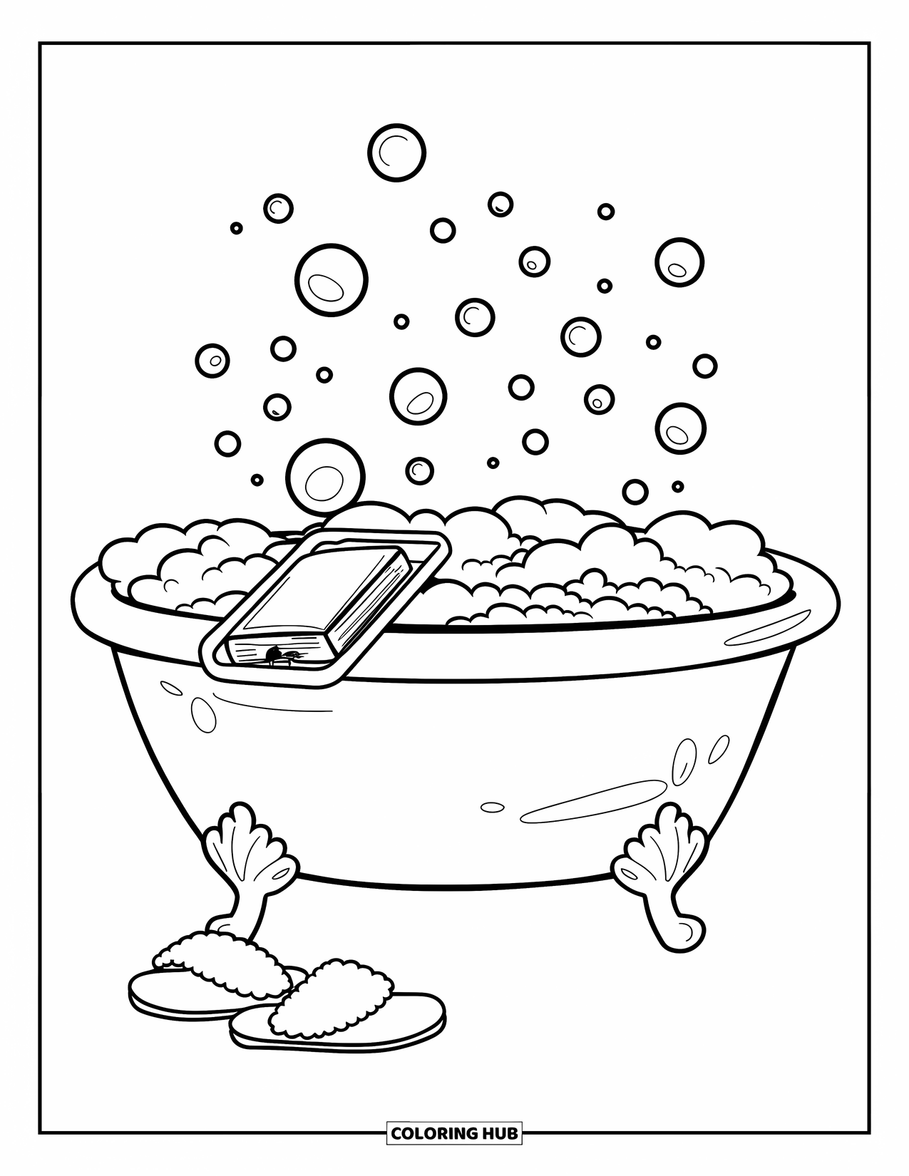 Bathroom Coloring Page for Kids: Peaceful tub scene with bubbles, tray, and comfy details