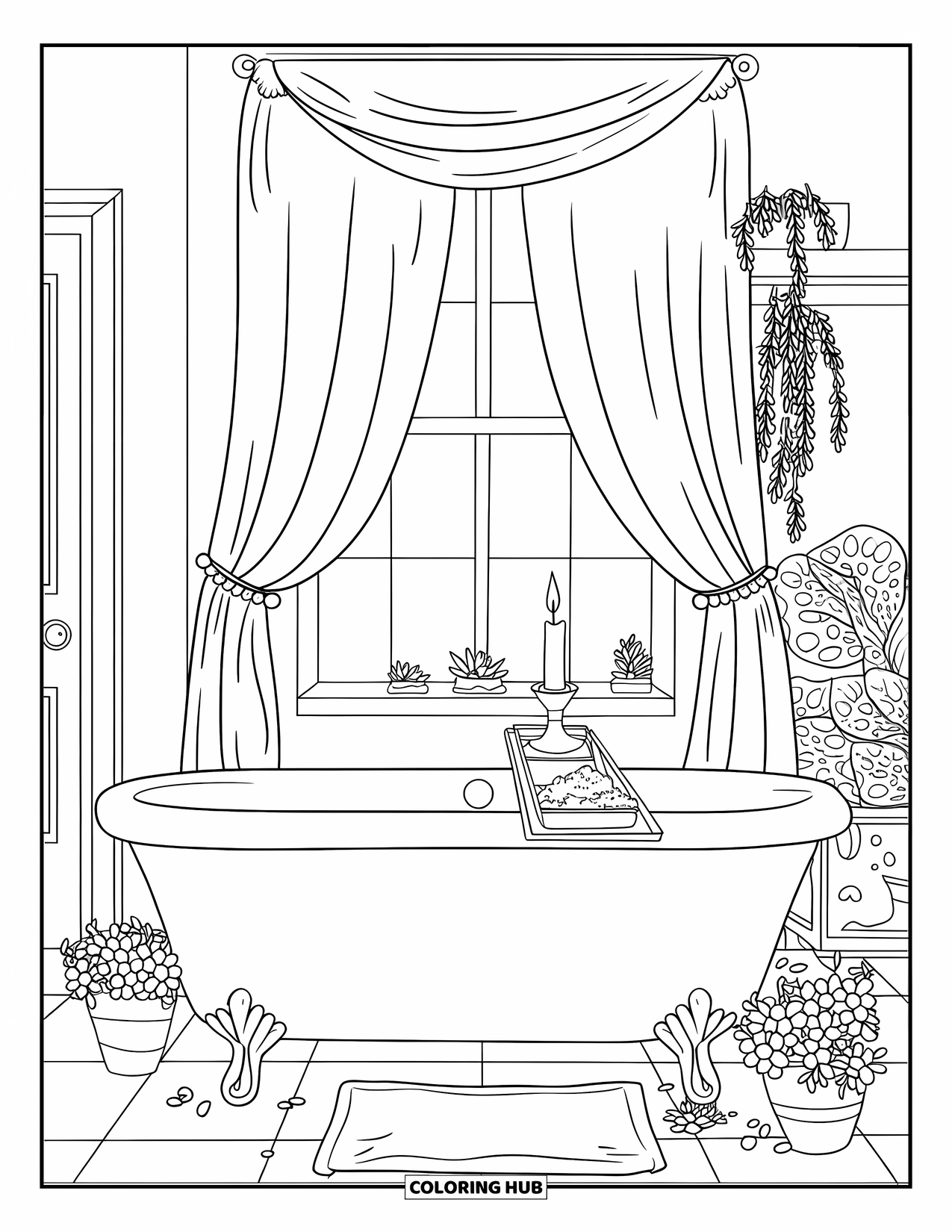 Bathroom Coloring Page for Kids: Relaxing bath setup with tray, salts, and decorative plants