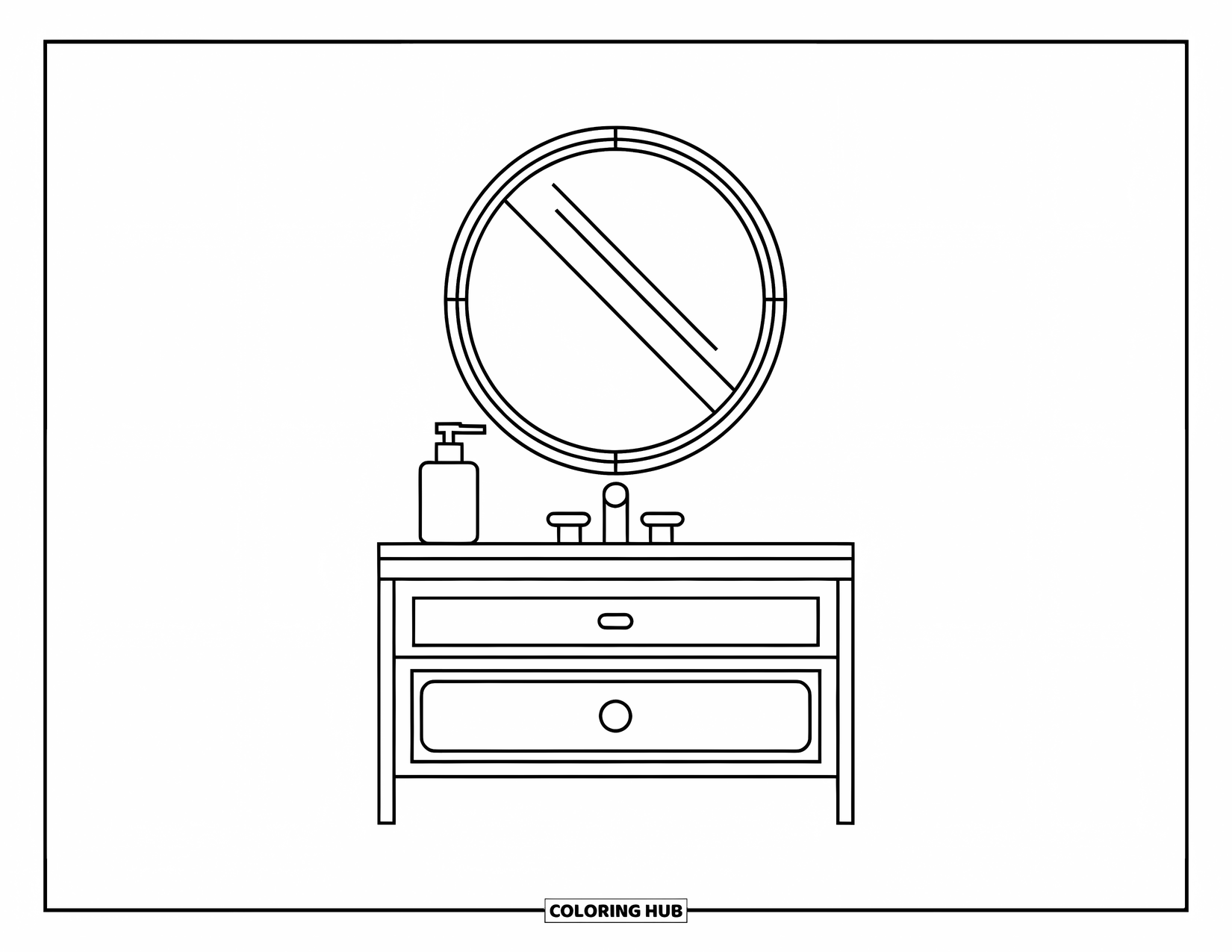 Bathroom Coloring Page for Kids: Simple vanity with round mirror and soap pump on a white background
