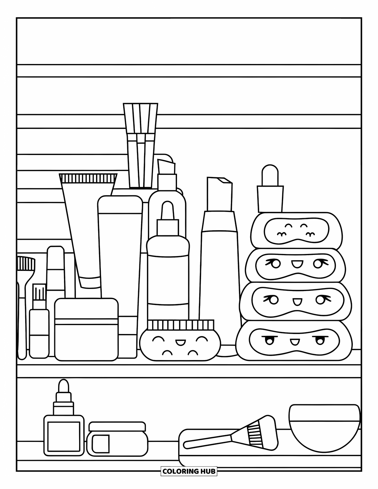 Bathroom Coloring Page for Kids: Skincare shelf with jars, rollers, and a white wall background