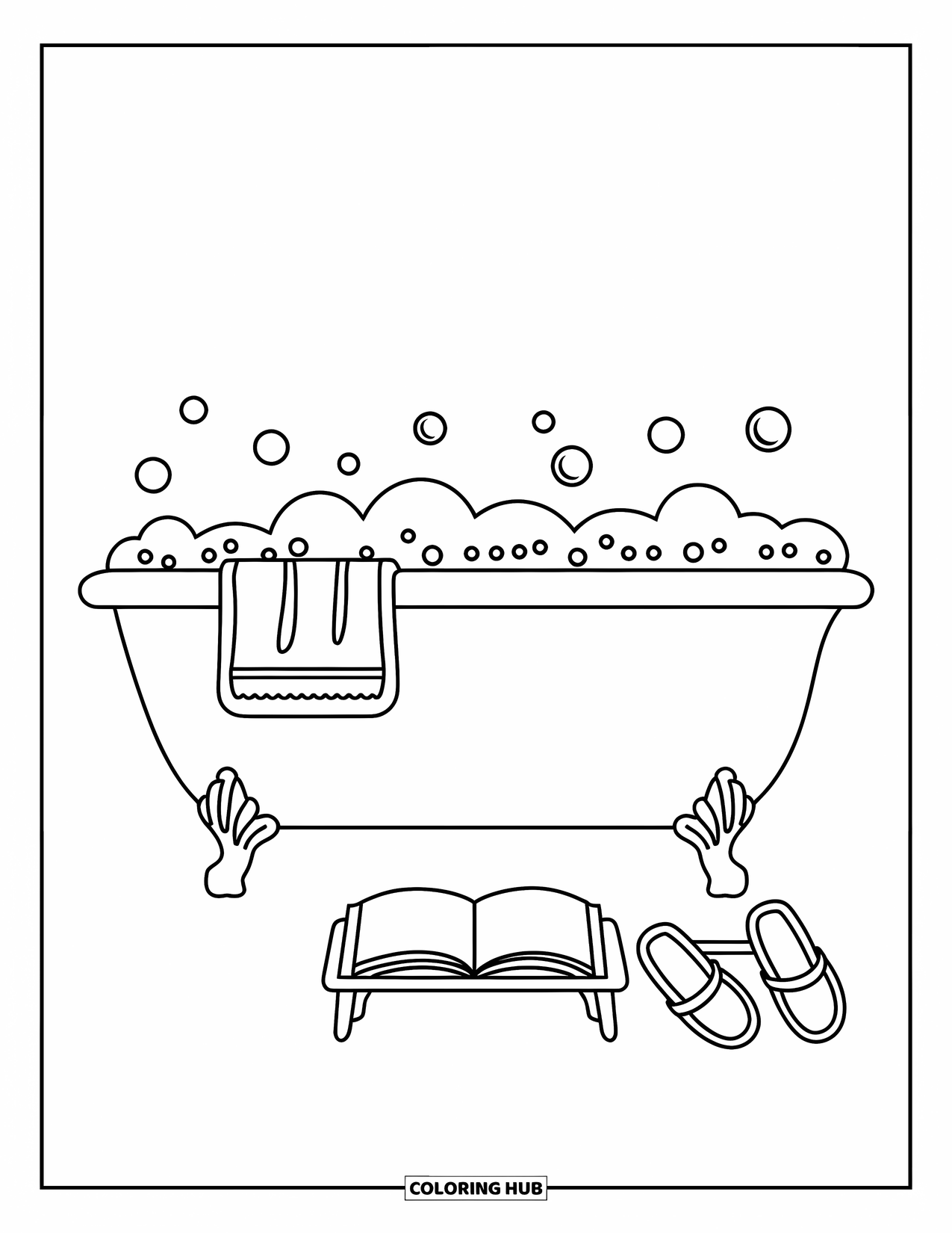 Bathroom Coloring Page for Kids: Spa tub filled with bubbles, book tray, and cozy slippers