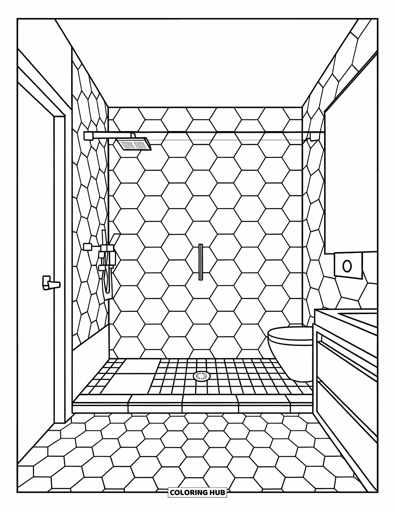 Bathroom Coloring Page for Kids: Stylish bathroom with hex tiles, shower, and modern design