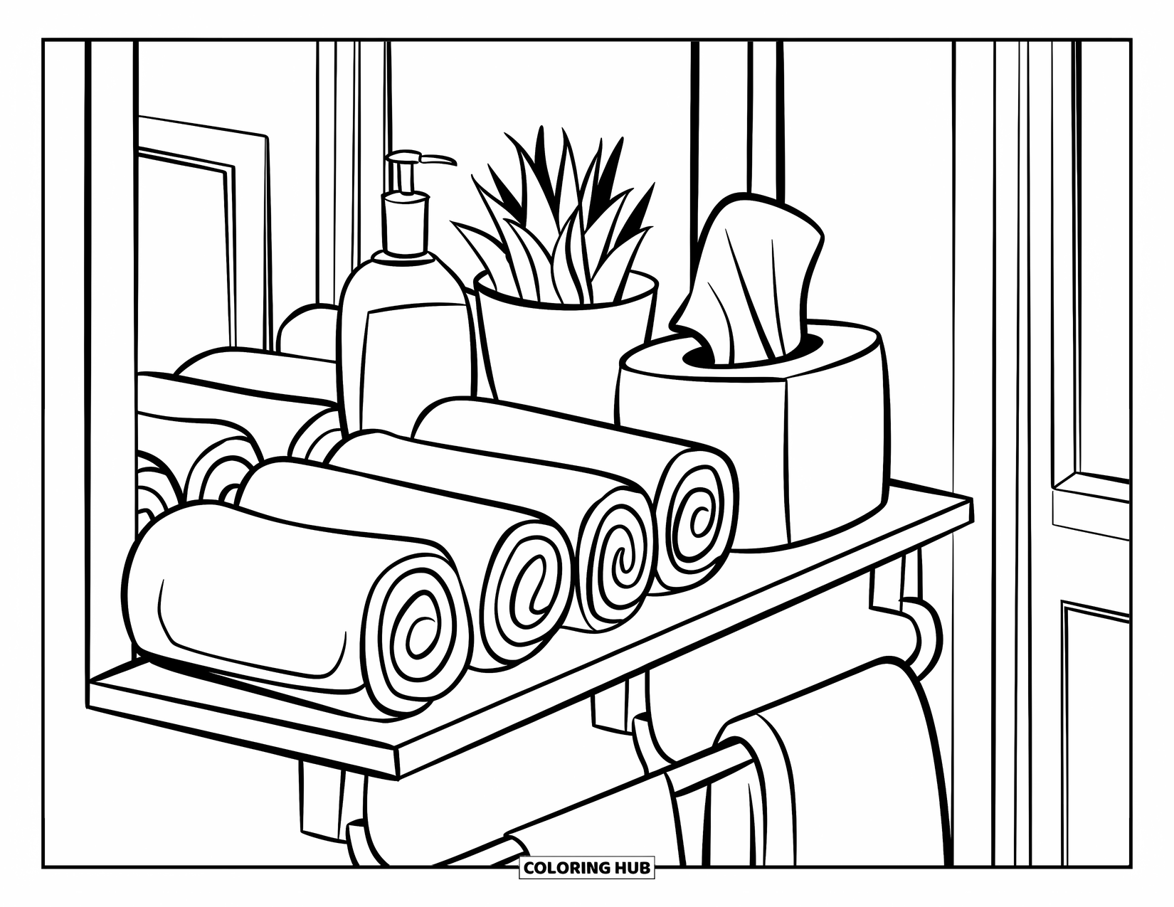Bathroom Coloring Page for Kids: Tidy bathroom shelf with rolled towels and lotion bottles