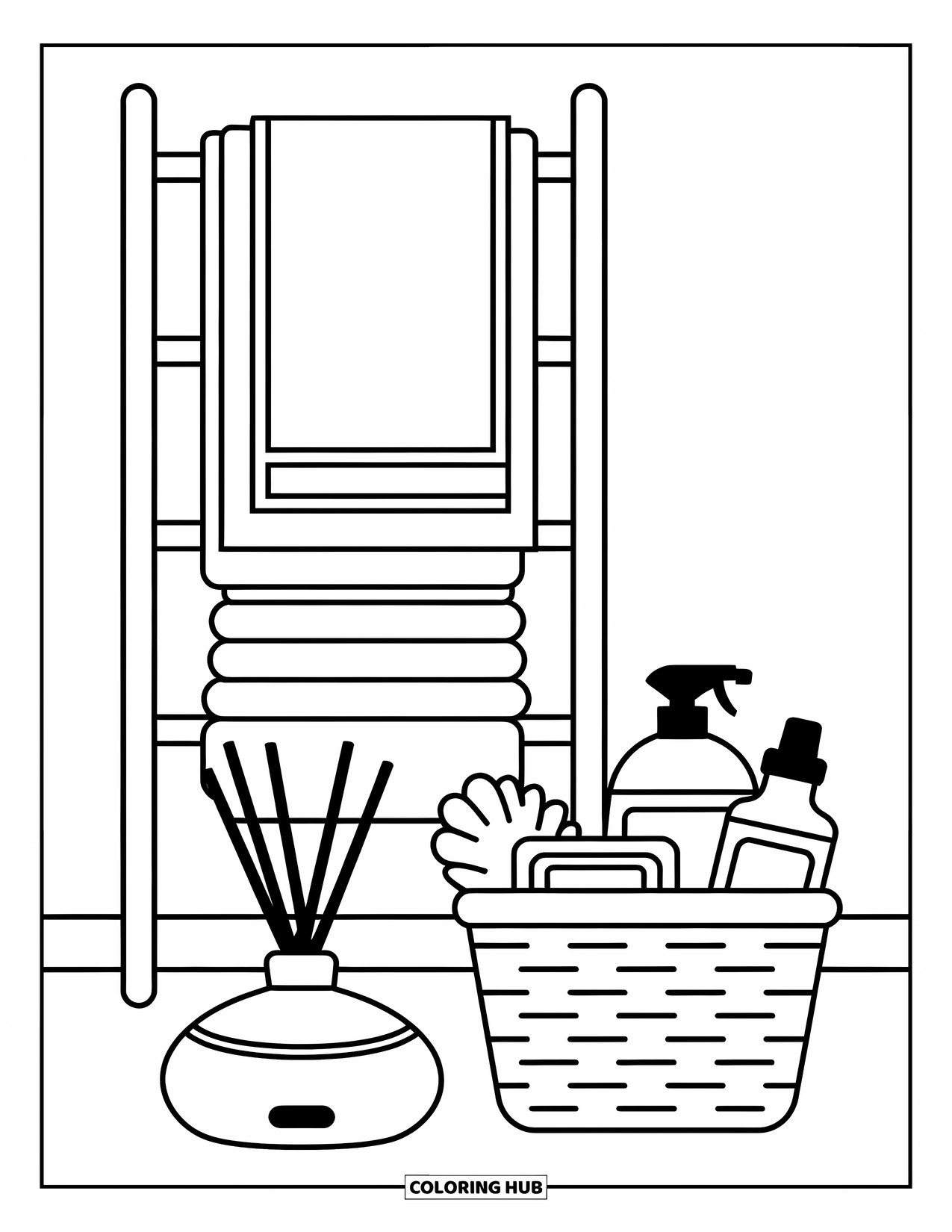 Bathroom Coloring Page for Kids: Tidy towel rack, diffuser, and basket of essentials by the wall