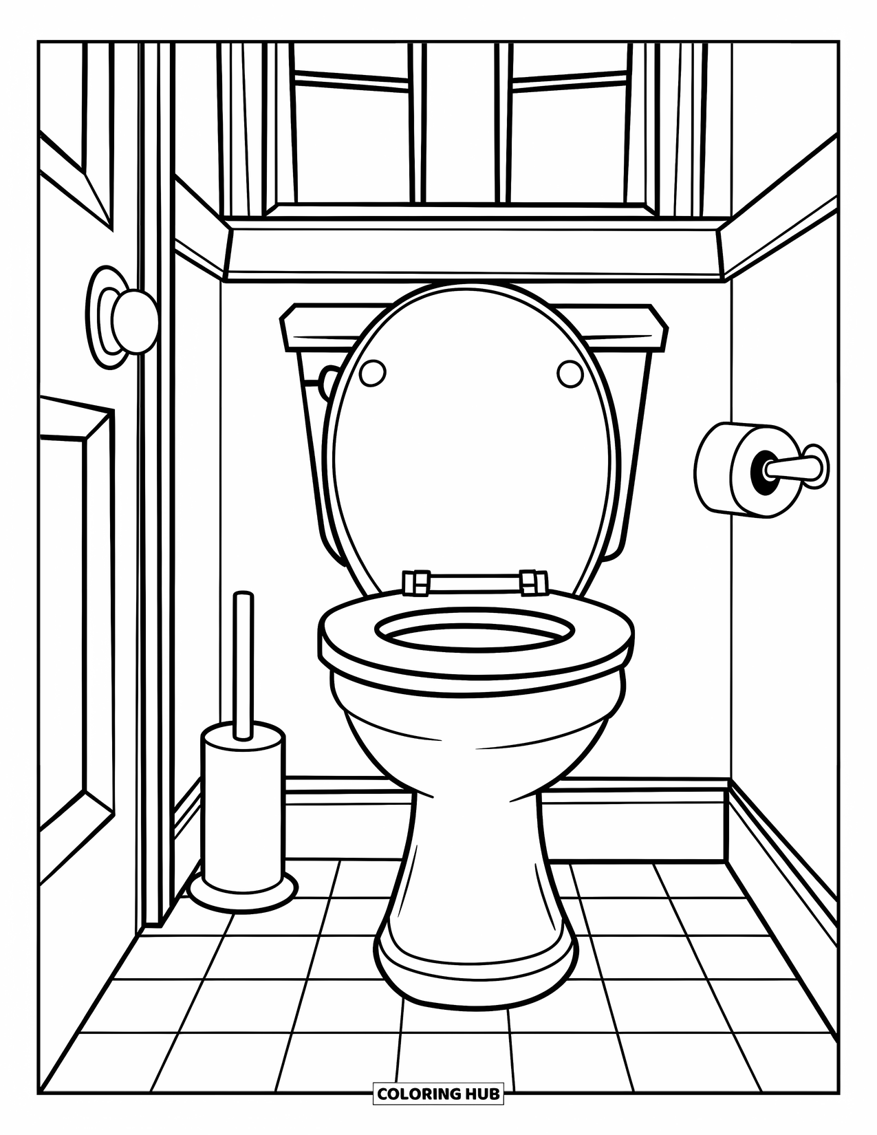 Bathroom Coloring Page for Kids: Toilet scene with window, tiled floor, and cheerful vibe