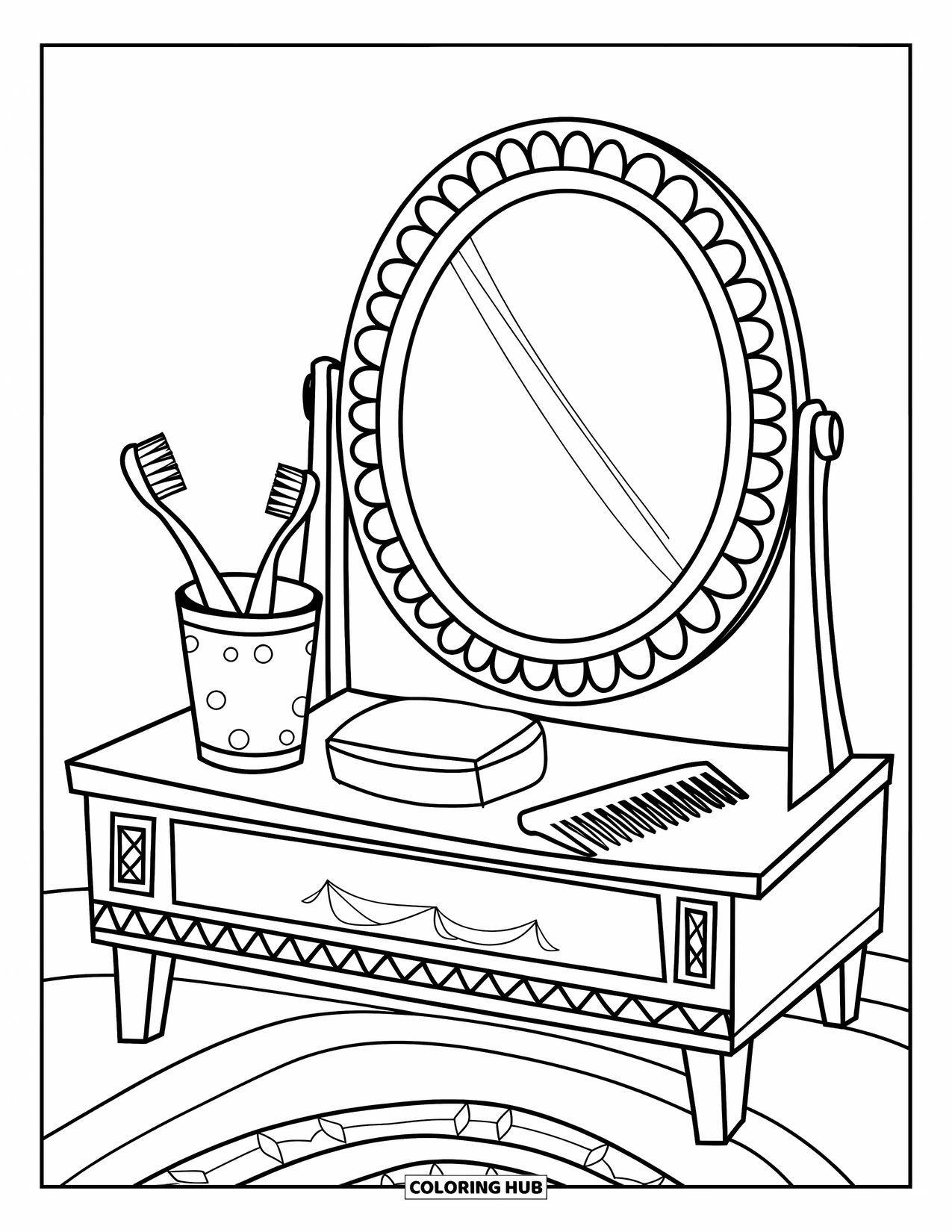 Bathroom Coloring Page for Kids: Toothbrushes, soap, and mirror with playful vanity design