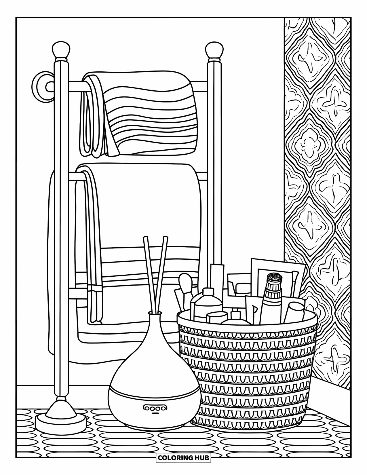 Bathroom Coloring Page for Kids: Towel rack with folded towels, a diffuser, and a supply basket