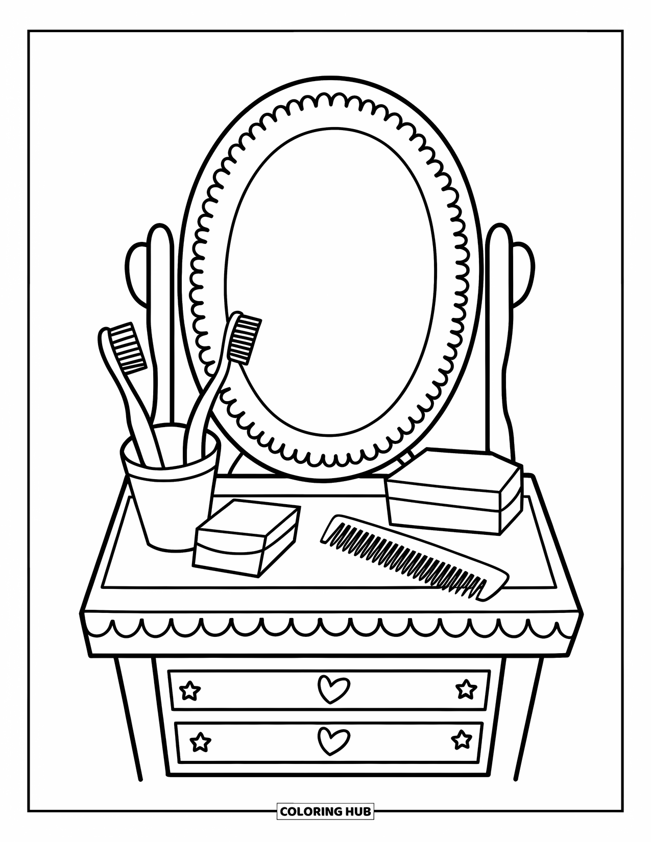 Bathroom Coloring Page for Kids: Vanity with toothbrushes, comb, soap bar, and cute mirror