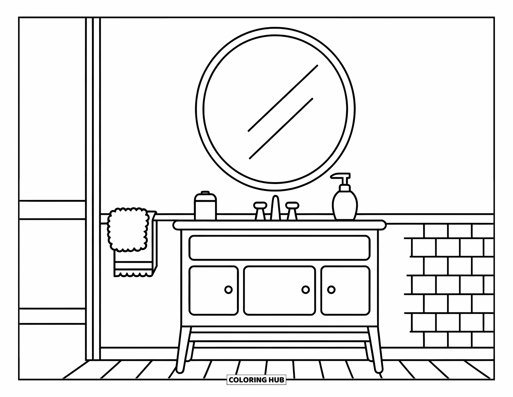 Bathroom Coloring Page for Kids: Vanity with towel rack, tile floor, and round mirror