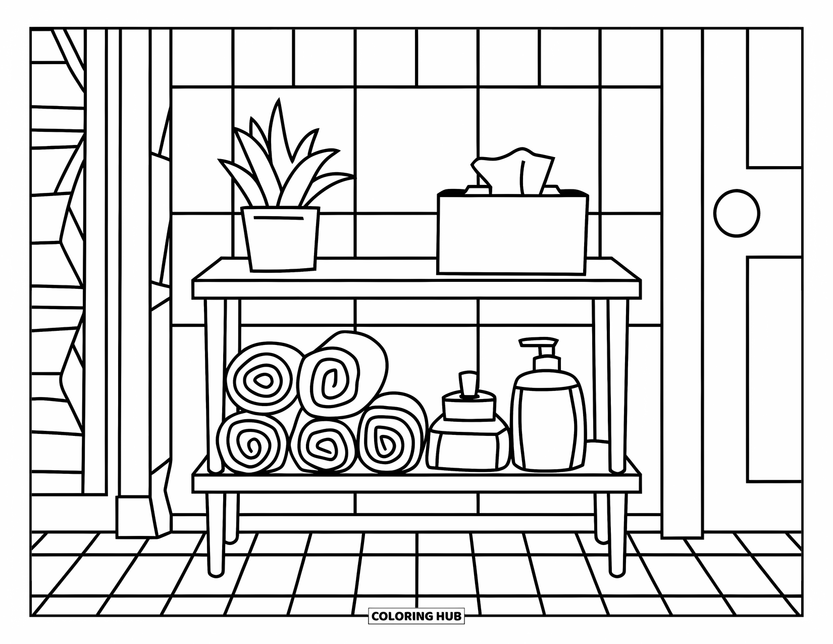 Bathroom Coloring Page for Kids: Wall shelf with towels, plant, and essentials by the door