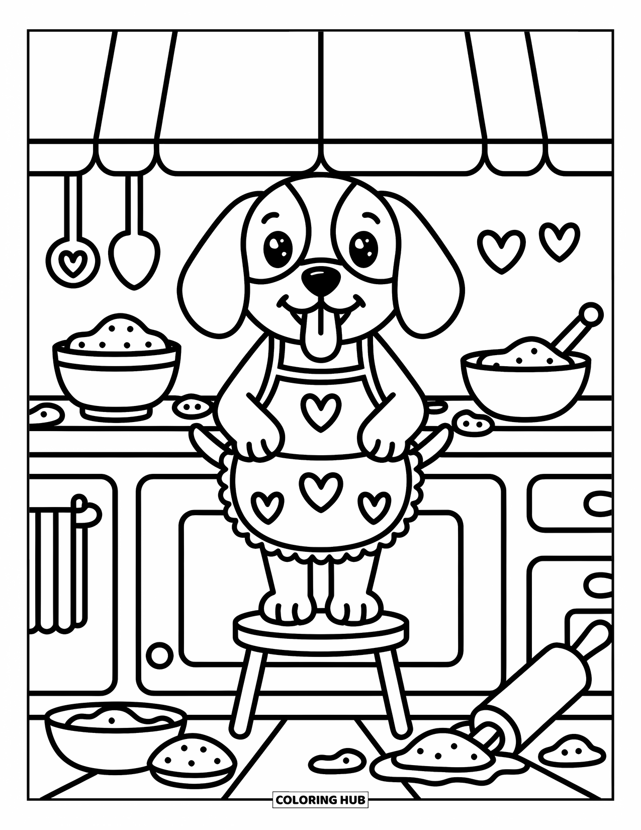 Beagle Coloring Page for Adults: Beagle baking cookies in the kitchen with heart-shaped treats and flour everywhere