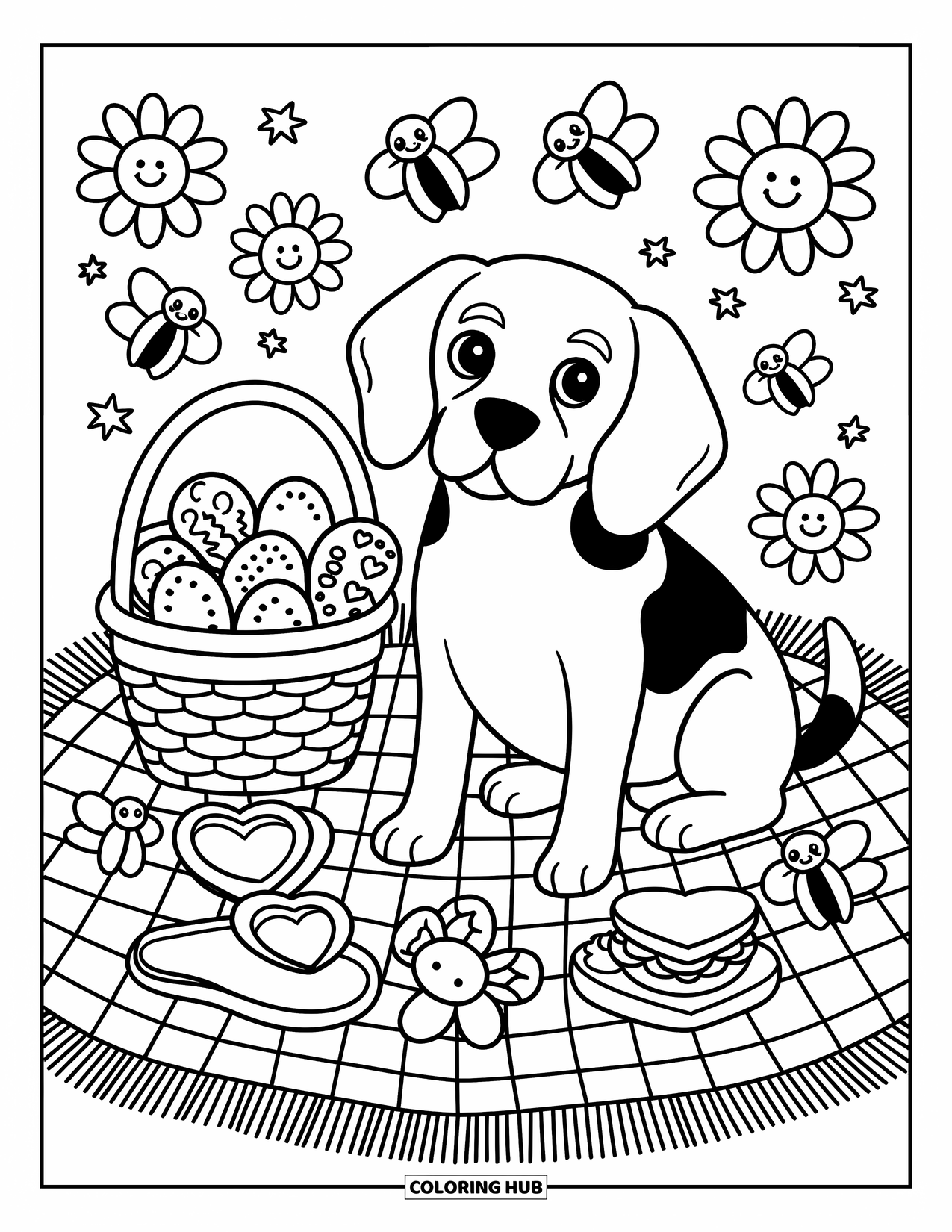 Beagle Coloring Page for Adults: Beagle enjoying a picnic with bento box, heart bowl, and buzzing bees