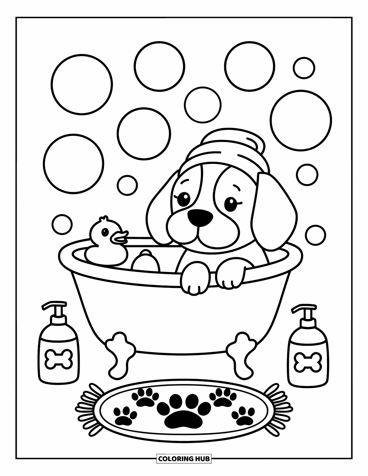 Beagle Coloring Page for Adults: Beagle in a bubble bath with a towel and smiling bubbles floating around