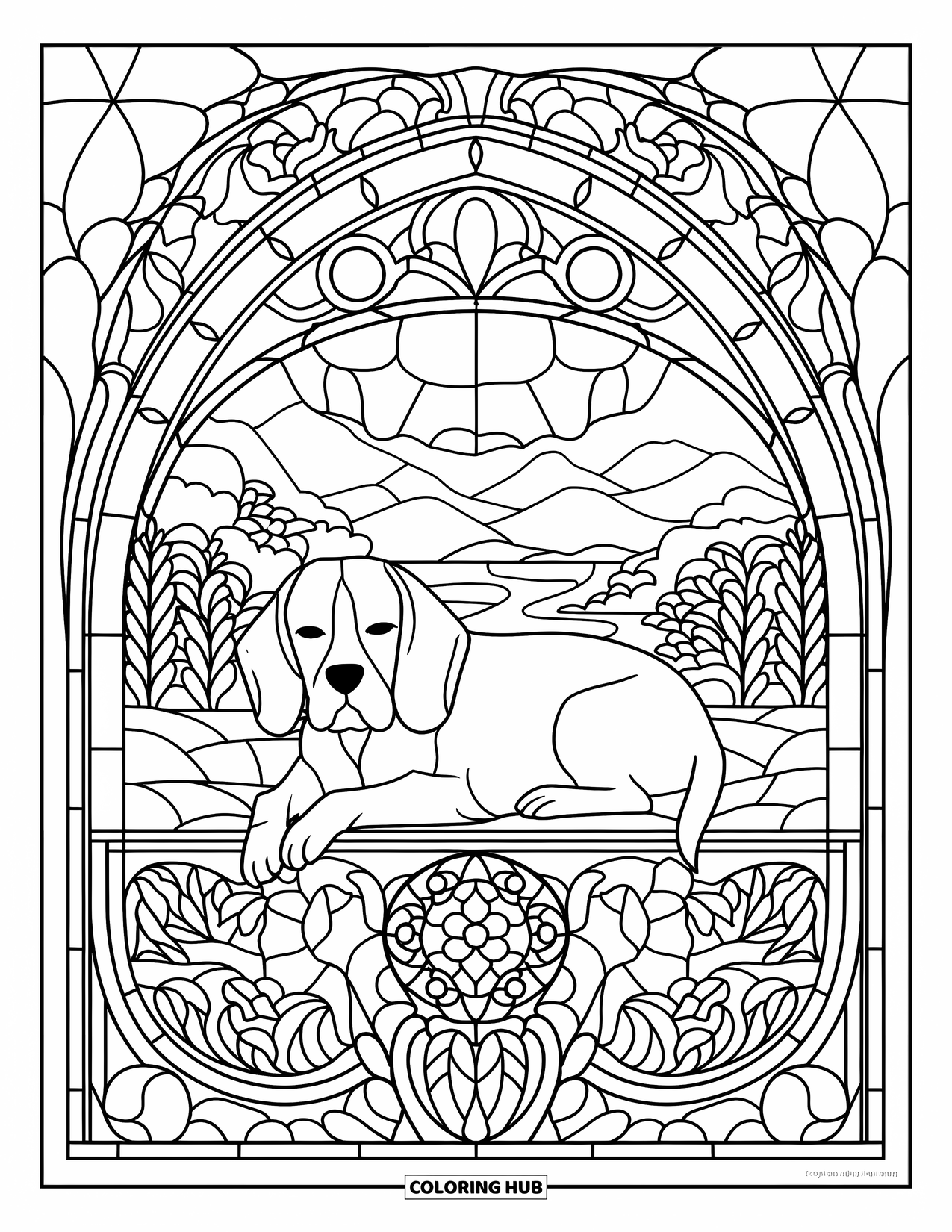 Beagle Coloring Page for Adults: Beagle peacefully lying inside a stained glass frame with mountains and trees
