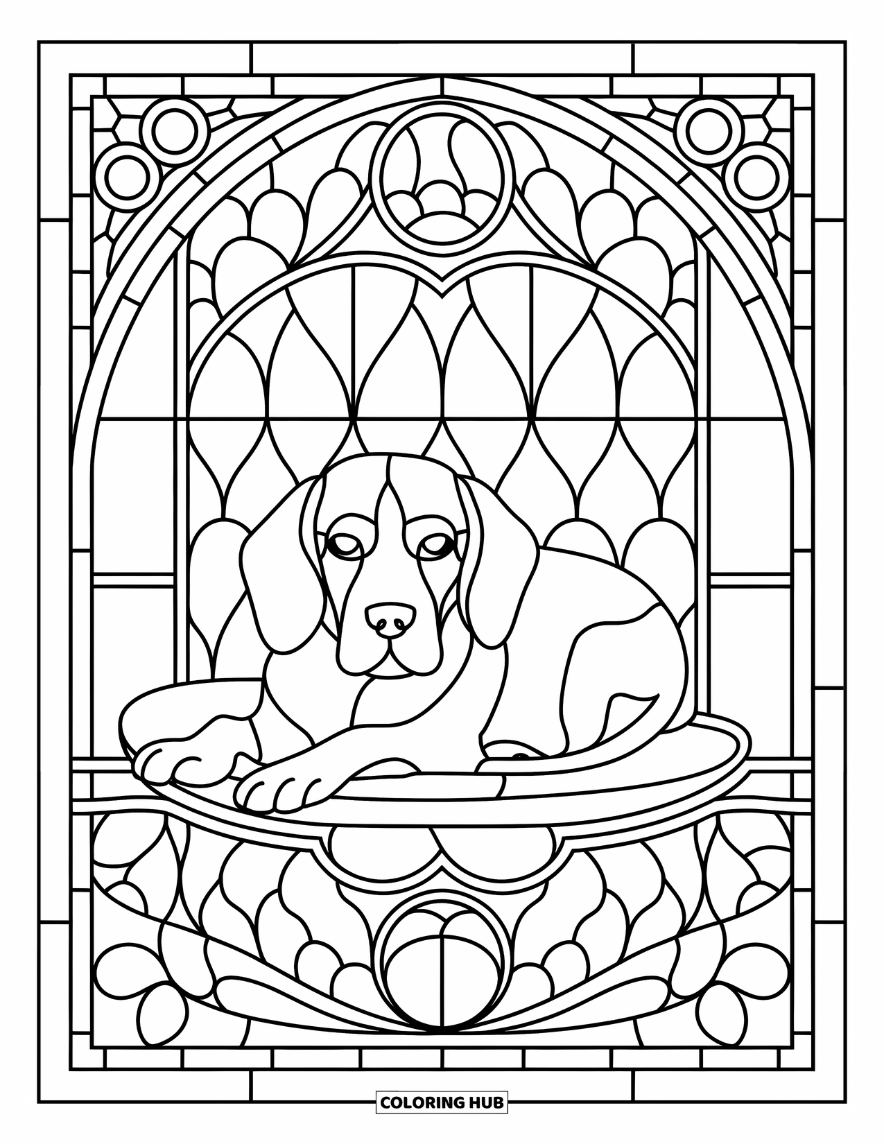 Beagle Coloring Page for Adults: Beagle resting in the center of a stained glass window with detailed patterns