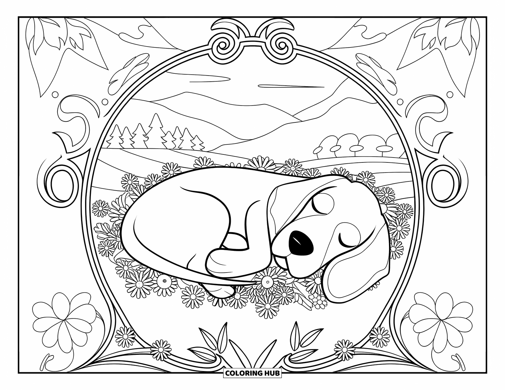 Beagle Coloring Page for Adults: Beagle resting on its back in a garden surrounded by flowers and mountains