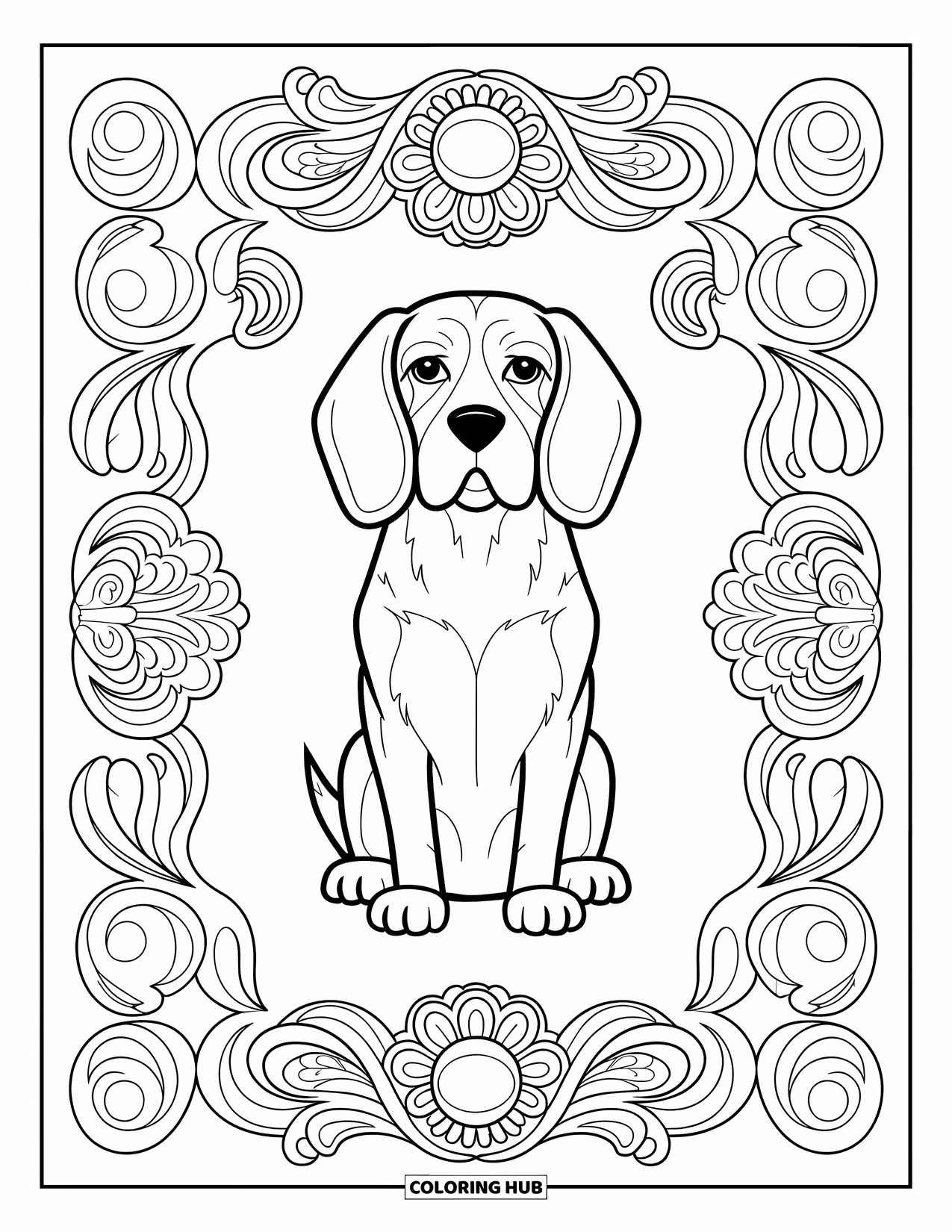Beagle Coloring Page for Adults: Beagle sitting calmly with folded ears and surrounded by floral decorations