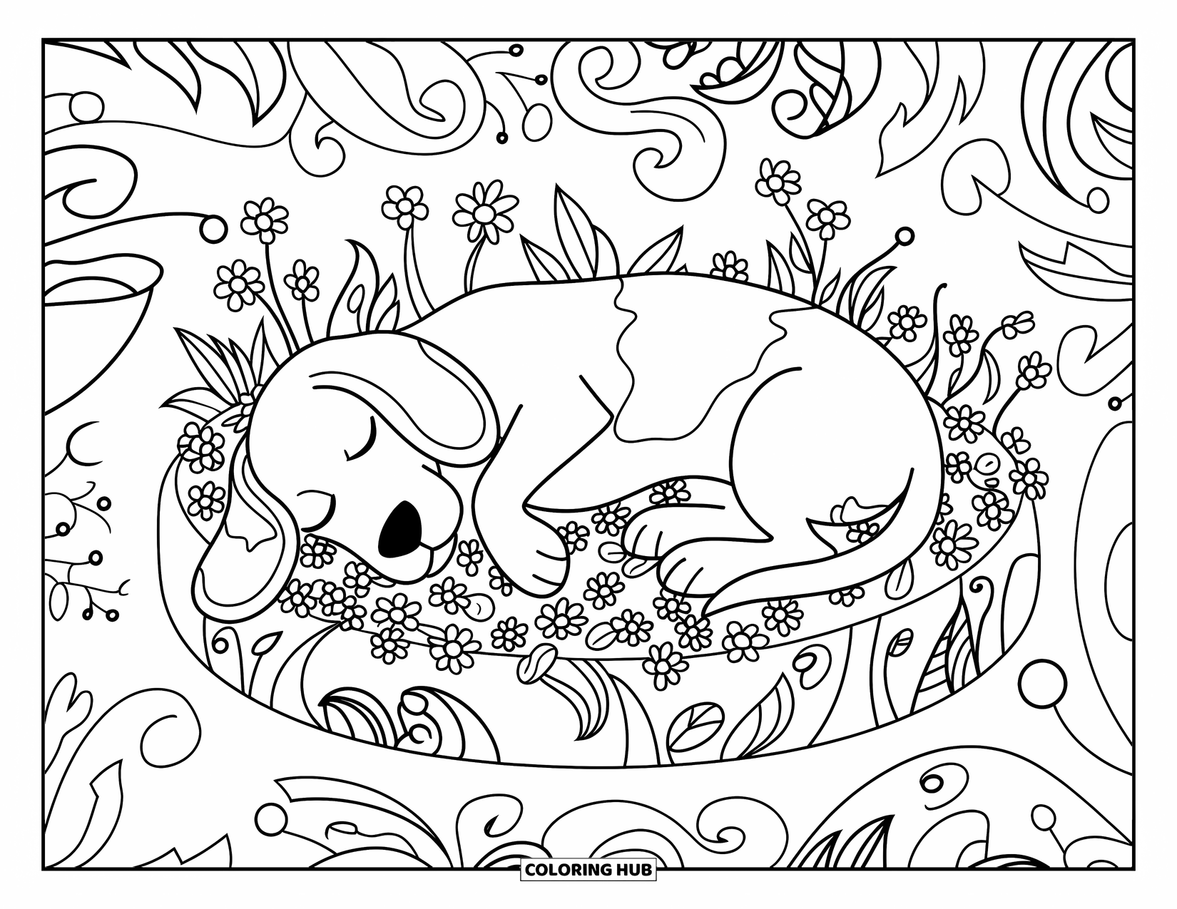 Beagle Coloring Page for Adults: Beagle sleeping on its back in a flower-filled garden with decorative swirls