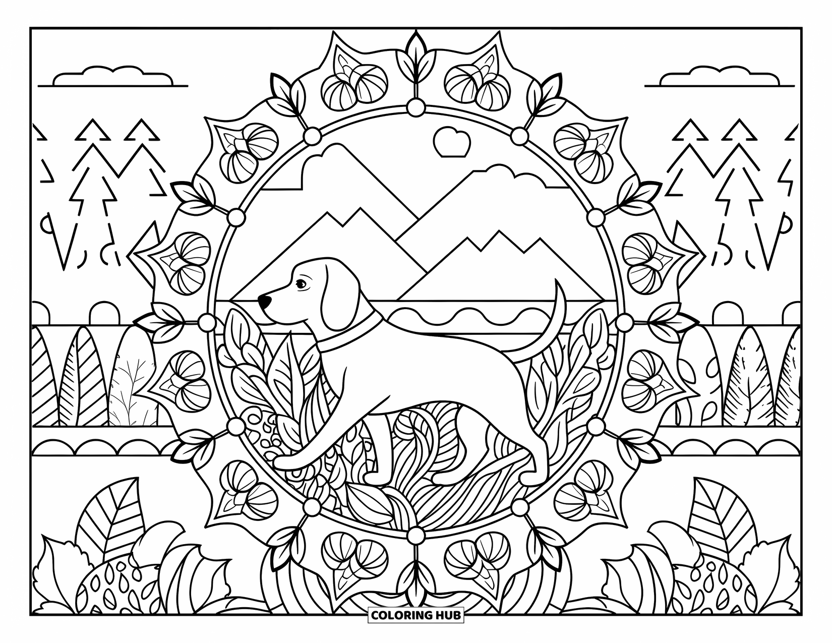 Beagle Coloring Page for Adults: Beagle strolling inside a mandala of herbs with a mountain and lake backdrop