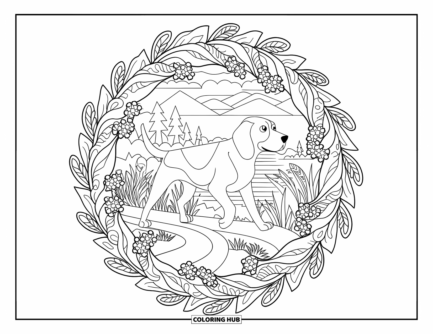Beagle Coloring Page for Adults: Beagle walking inside a floral mandala with clouds, trees, and gentle water views
