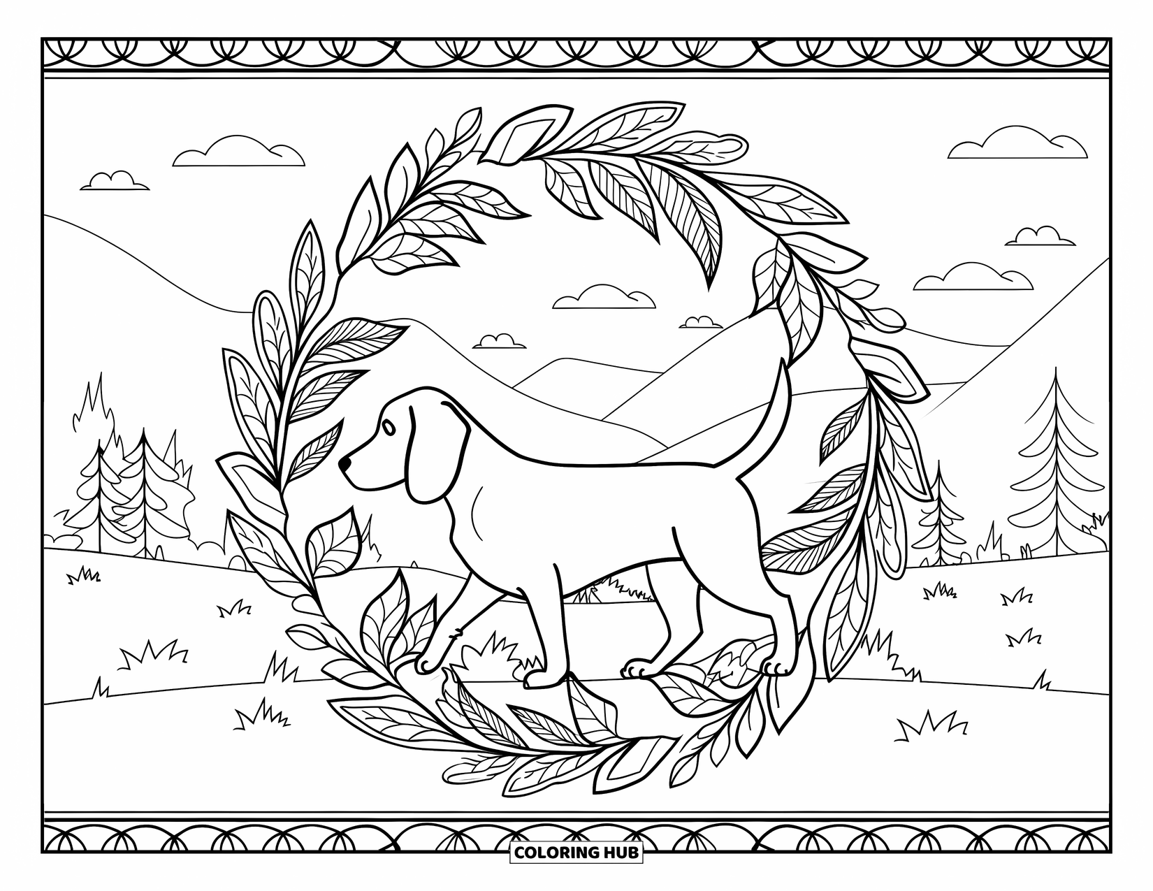 Beagle Coloring Page for Adults: Beagle walking through a leafy mandala with mountains and trees in the distance