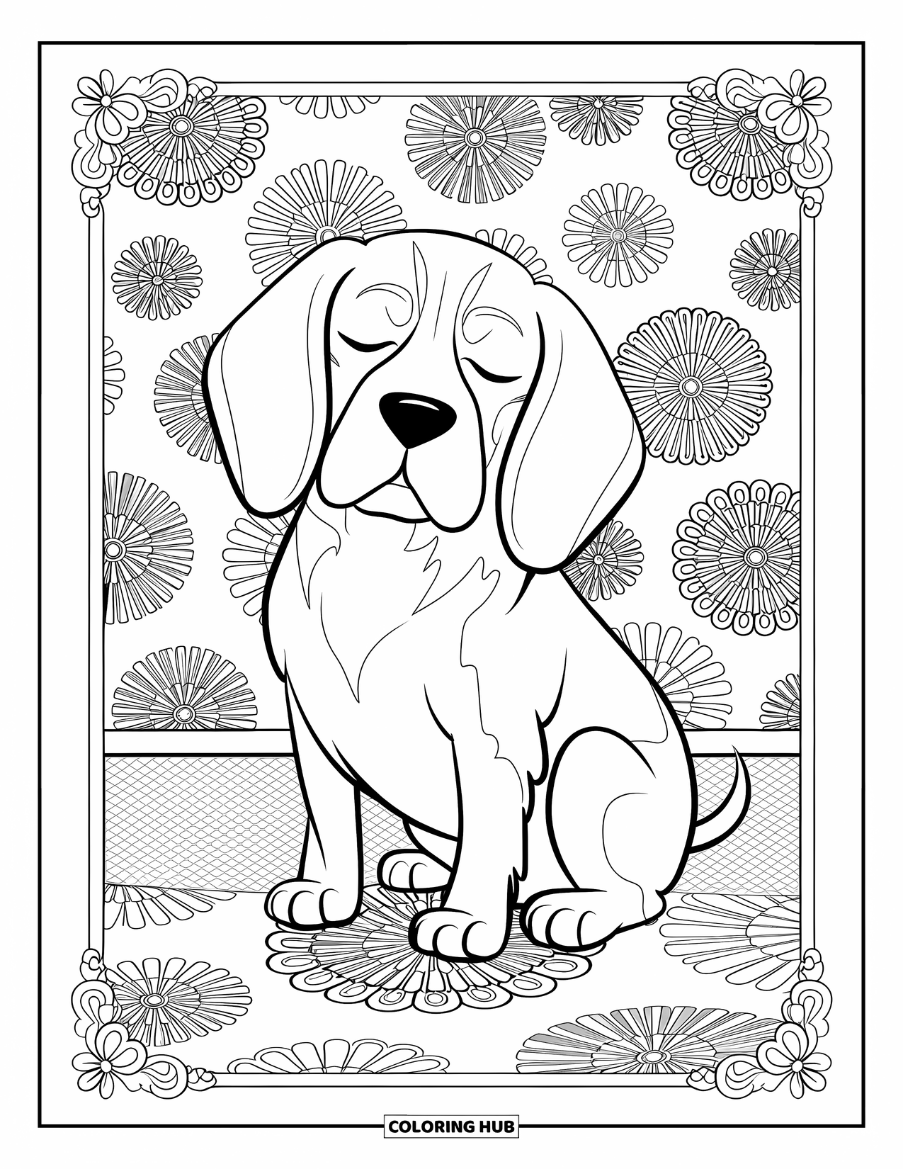 Beagle Coloring Page for Adults: Beagle with folded ears resting on patterned floral ground with decorative borders
