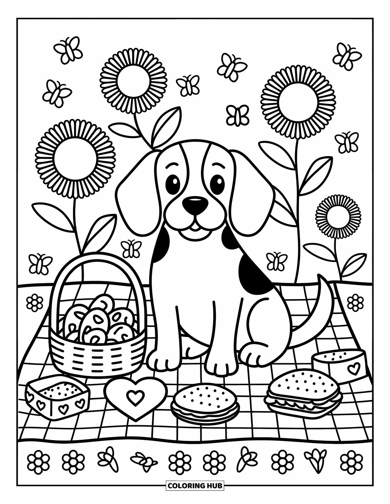 Beagle Coloring Page for Adults: Beagle with snacks and flowers enjoying a sunny meadow picnic