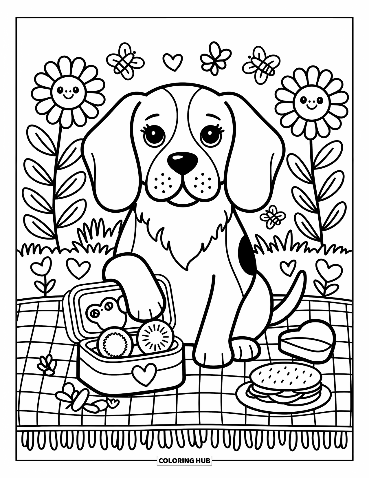 Beagle Coloring Page for Adults: Charming beagle with treats, bees, and sunflowers on a checkered blanket