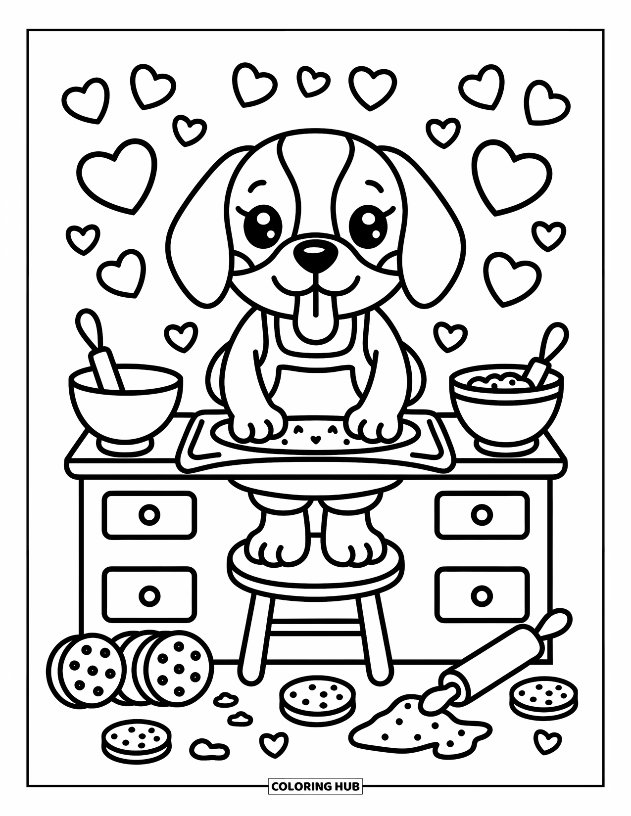 Beagle Coloring Page for Adults: Cheerful beagle in a cozy kitchen baking cookies with cute baking tools