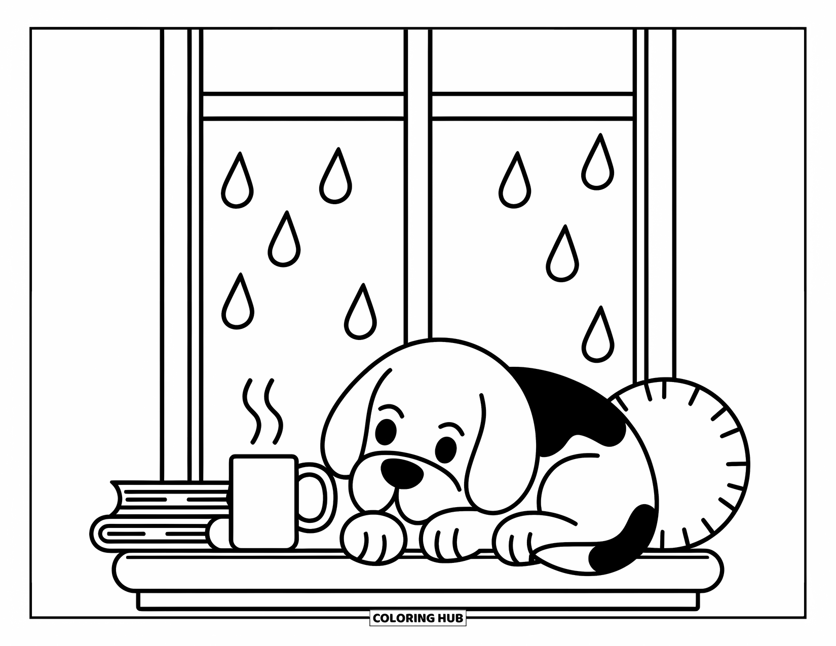Beagle Coloring Page for Adults: Cozy beagle gazing out a rainy window beside books and a steaming mug