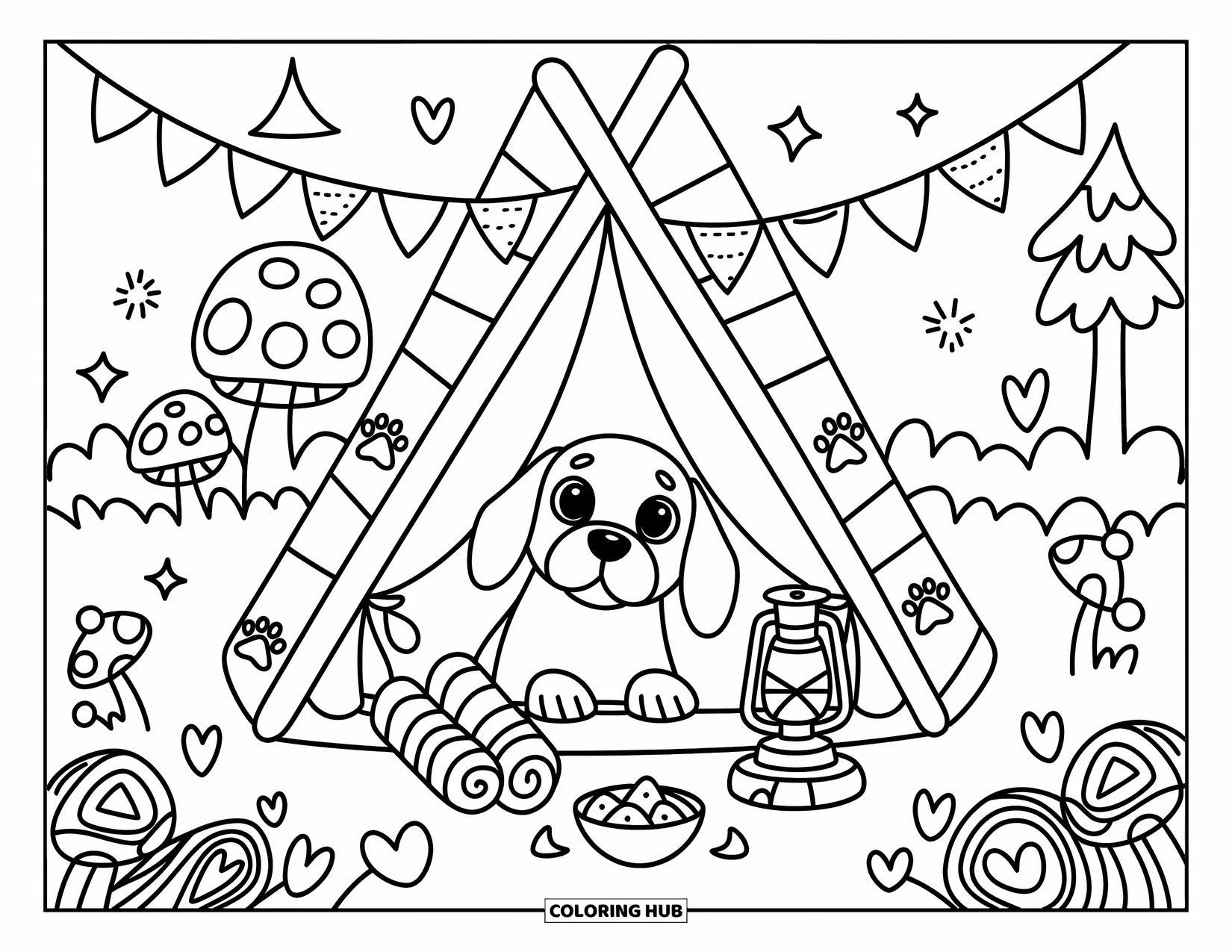 Beagle Coloring Page for Adults: Curious beagle peeks out of a tent surrounded by fireflies and forest details