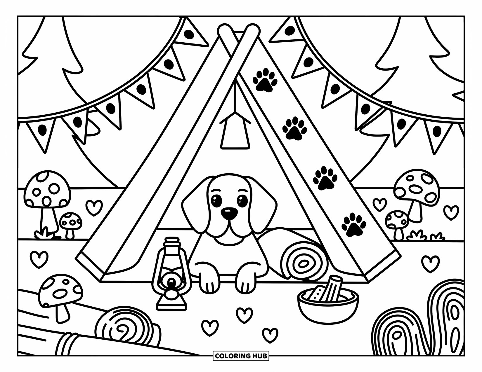 Beagle Coloring Page for Adults: Cute beagle in a tent with cozy forest details and playful fireflies outside