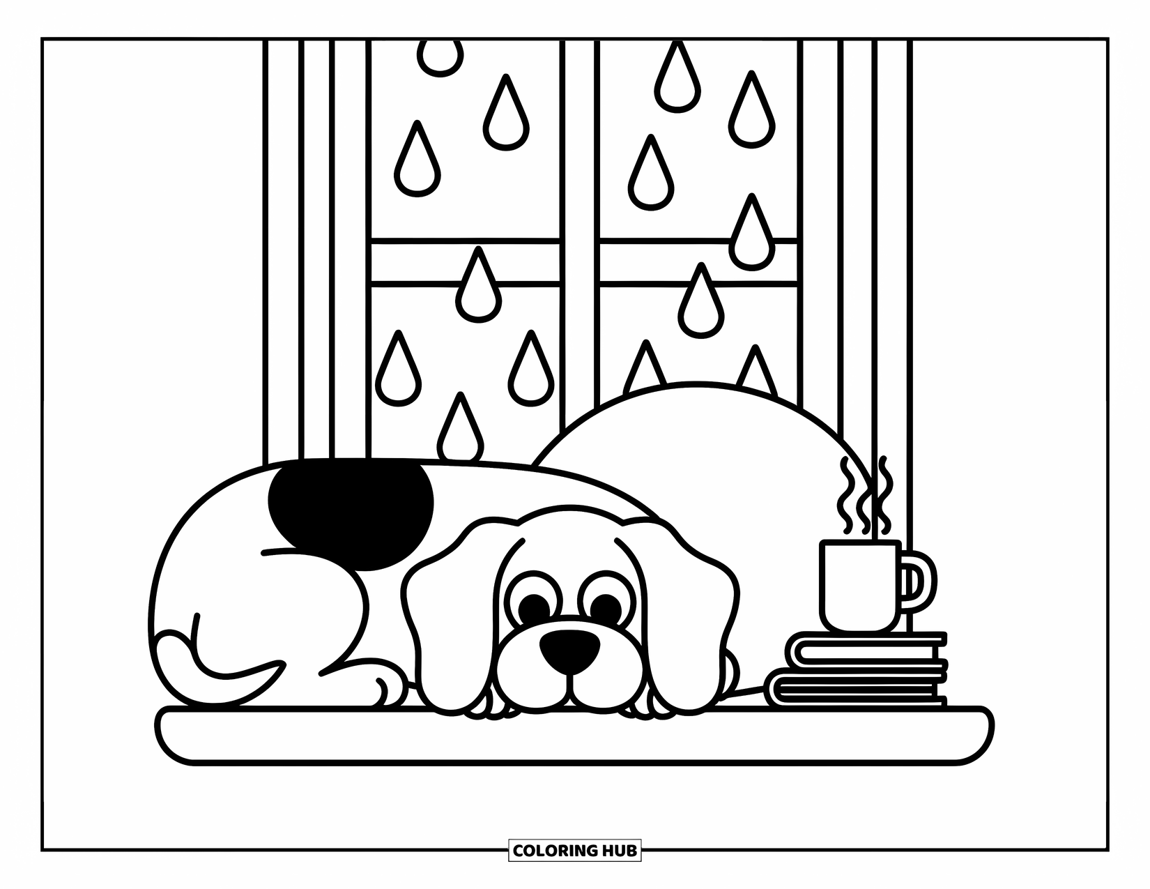 Beagle Coloring Page for Adults: Cute beagle resting by a window with rain, books, and a pillow