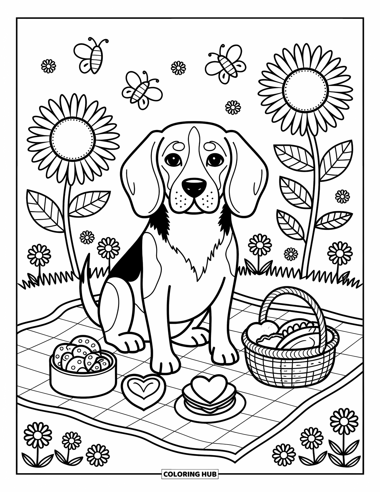 Beagle Coloring Page for Adults: Floppy-eared beagle on a blanket with bees, snacks, and a basket of goodies