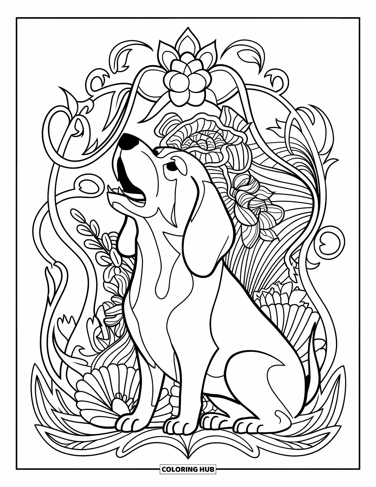 Beagle Coloring Page for Adults: Howling beagle surrounded by vines and flowers with a detailed patterned backdrop