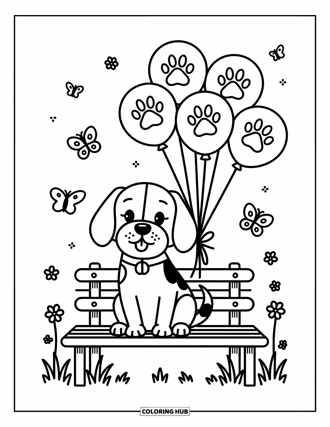 Beagle Coloring Page for Adults: Joyful beagle holding balloons on a bench with butterflies and tiny flowers