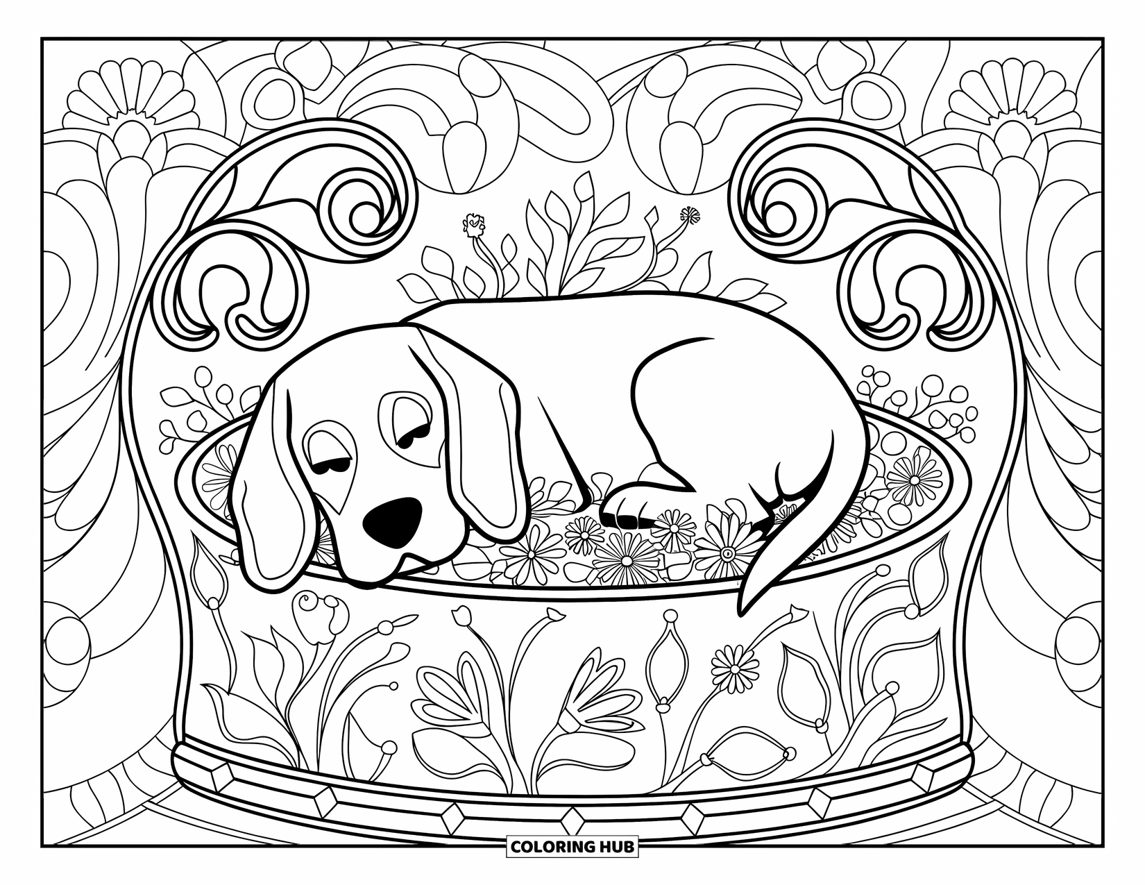Beagle Coloring Page for Adults: Sleeping beagle in a flower bed with swirling botanical patterns all around