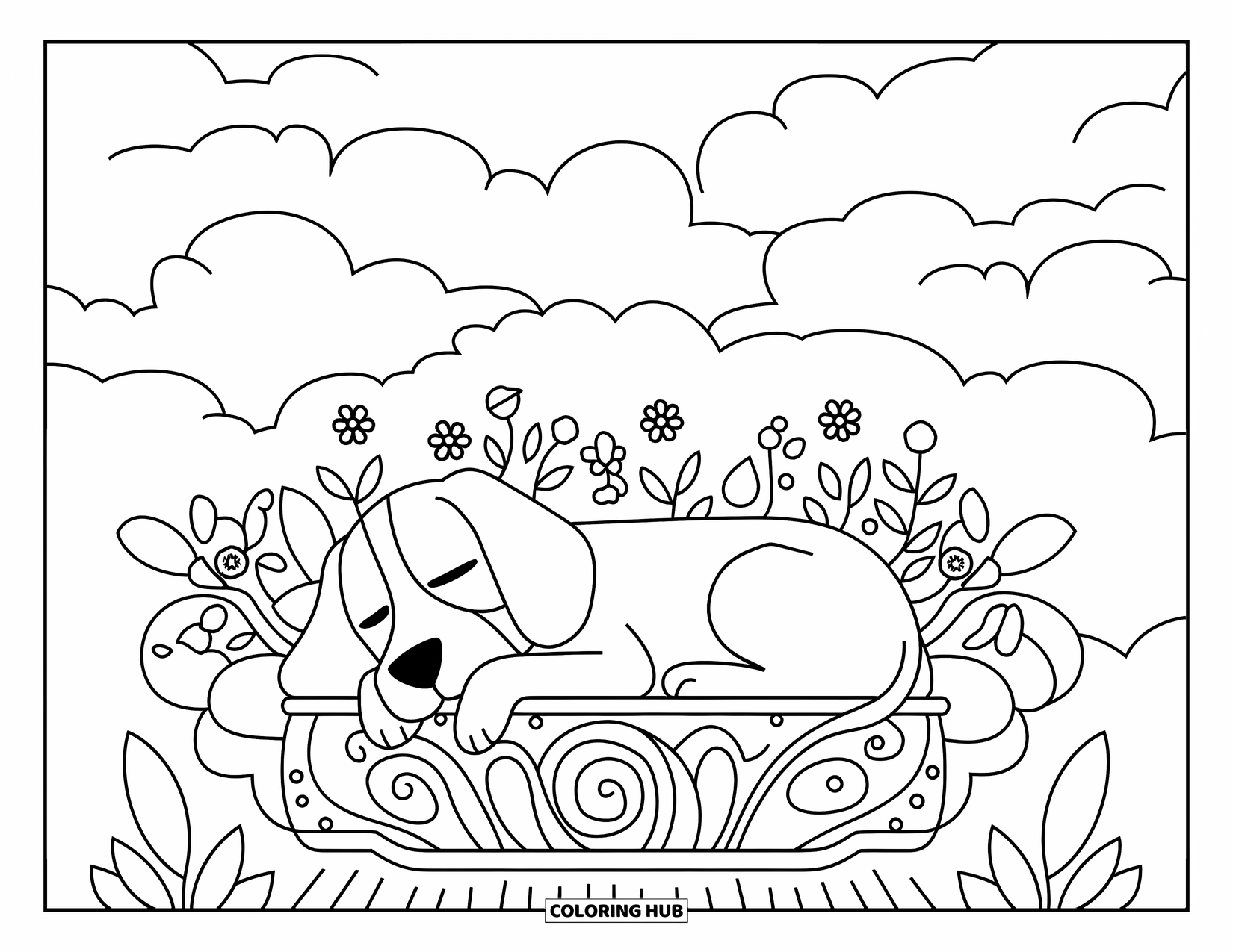 Beagle Coloring Page for Adults: Sleeping beagle nestled in a garden bed surrounded by swirling flowers and leaves