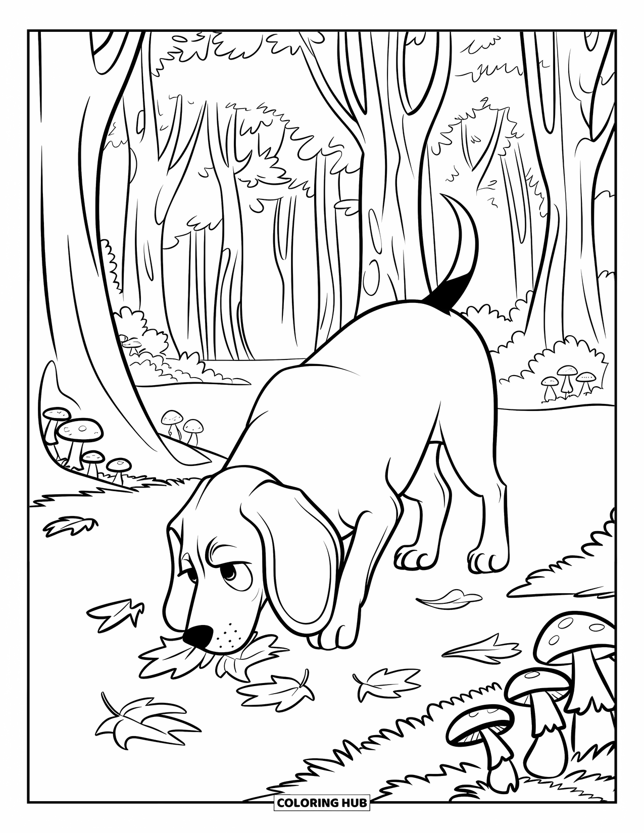 Beagle Coloring Page for Kids: Beagle exploring forest floor covered in leaves and mushrooms