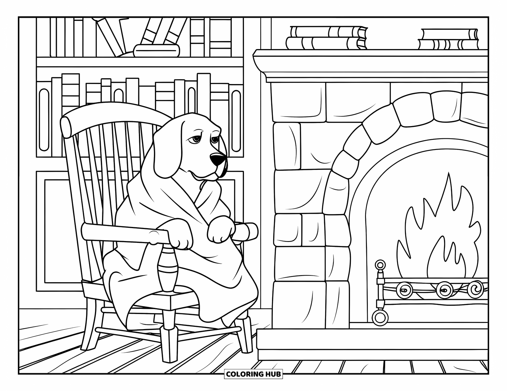 Beagle Coloring Page for Kids: Beagle in a chair with books and a stone fireplace behind it