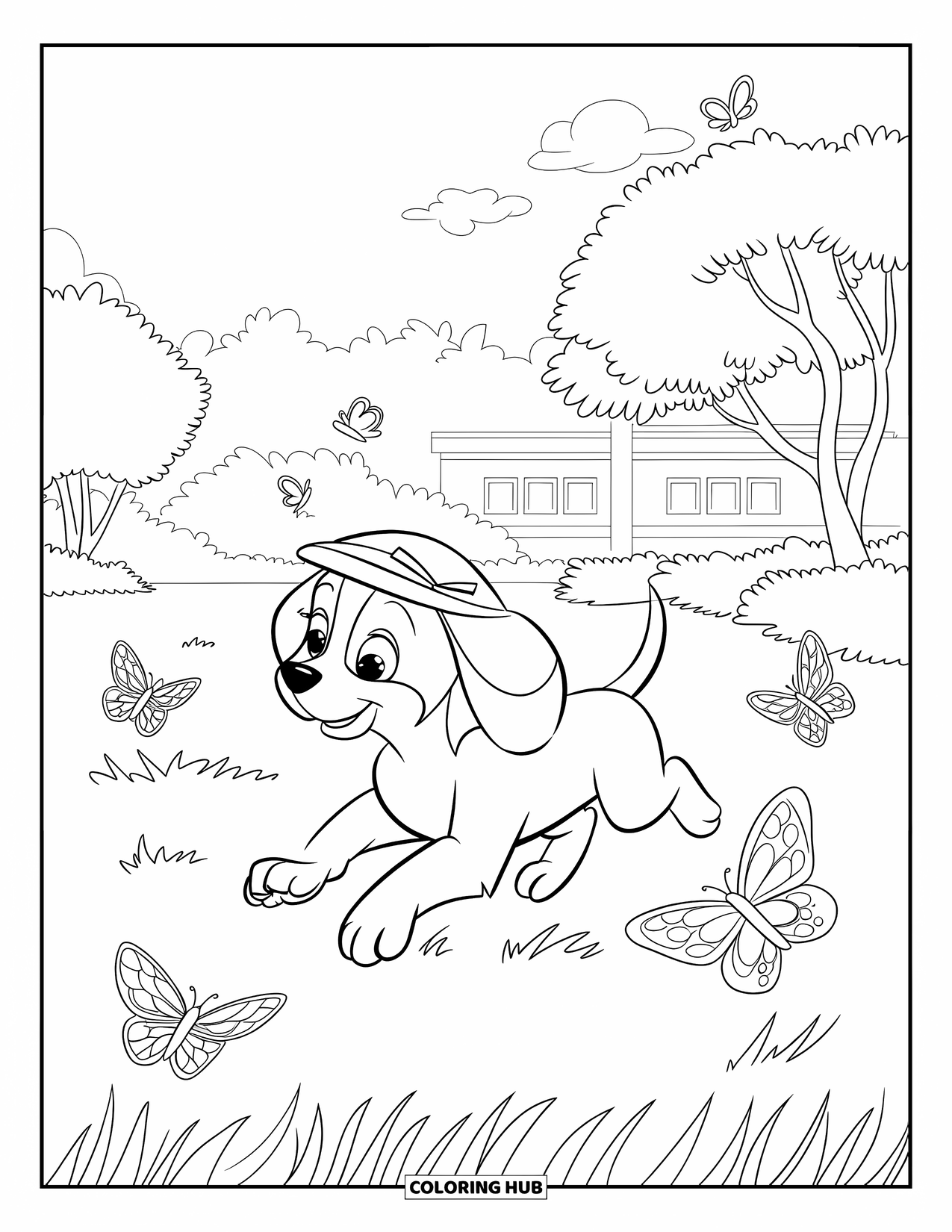 Beagle Coloring Page for Kids: Beagle in a cute hat chasing butterflies across a grassy park